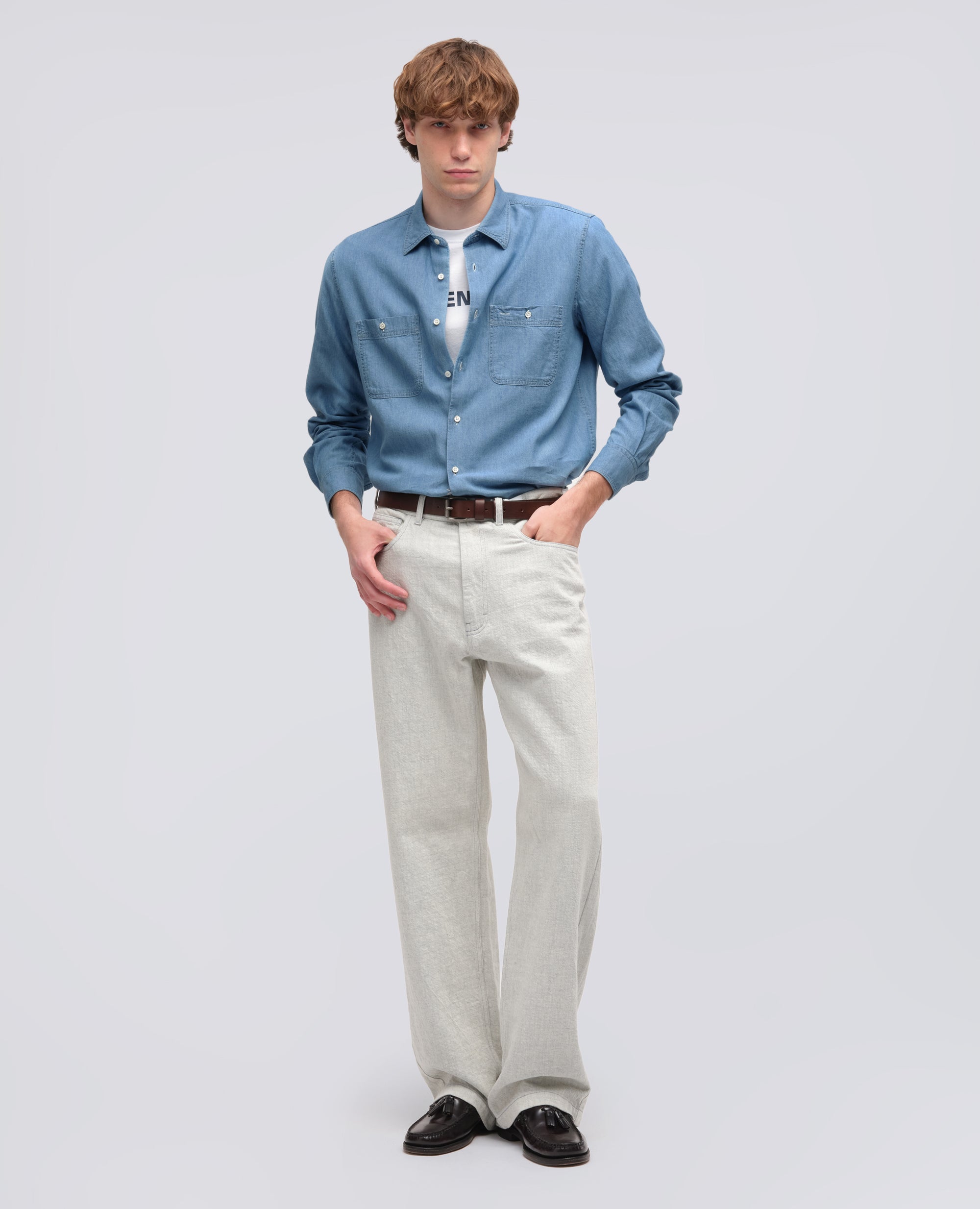 CAMICIA DA LAVORO NEW C SLIM IN CHAMBRAY DI COTONE-DENIM CHIARO-LIGHT DENIM-DENIM CLARO-HELLES DENIM-DENIM CLAIR