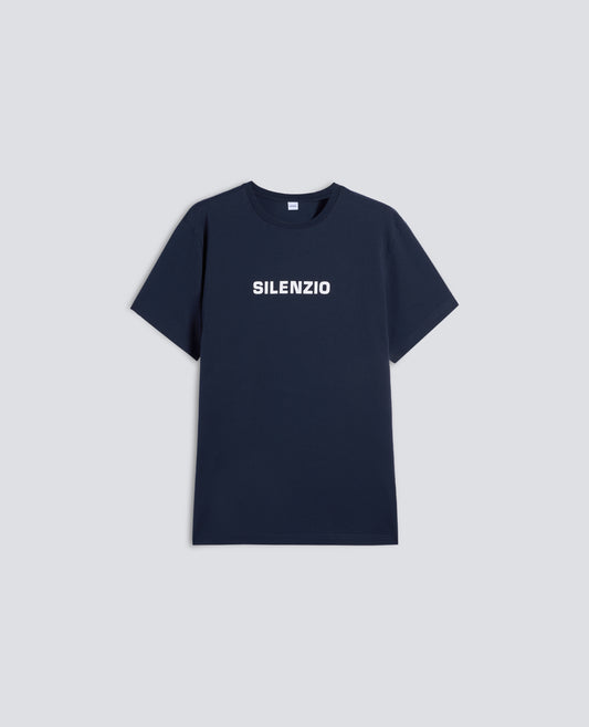COTTON JERSEY T-SHIRT WITH -SILENZIO- PRINT - NAVY