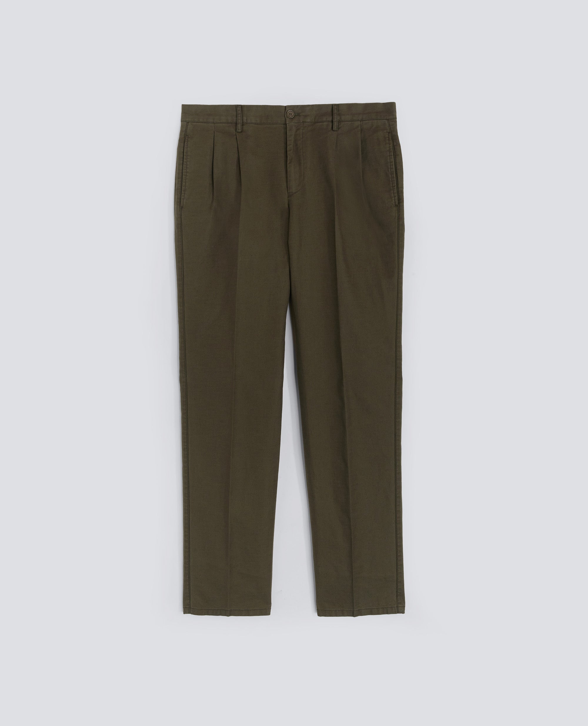 PANTALONE SLIM BANANA IN GABARDINA DI COTONE-MILITARE-MILITARY-MILITAR-MILITAR-MILITAIRE