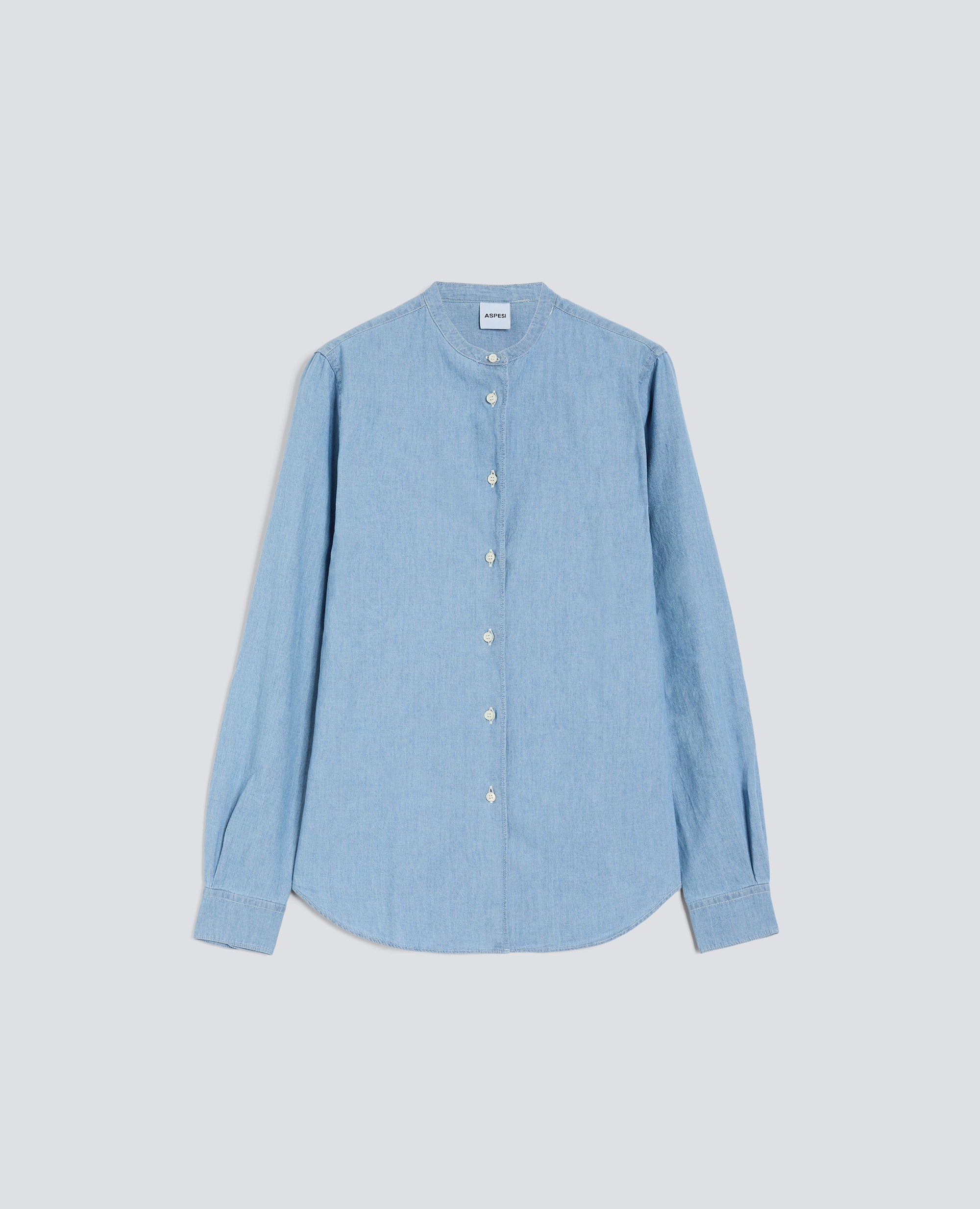 CAMICIA IN CHAMBRAY COTONE GIAPPONESE CON COLLO ALLA COREANA-DENIM CHIARO-LIGHT DENIM-DENIM CLARO-HELLES DENIM-DENIM CLAIR