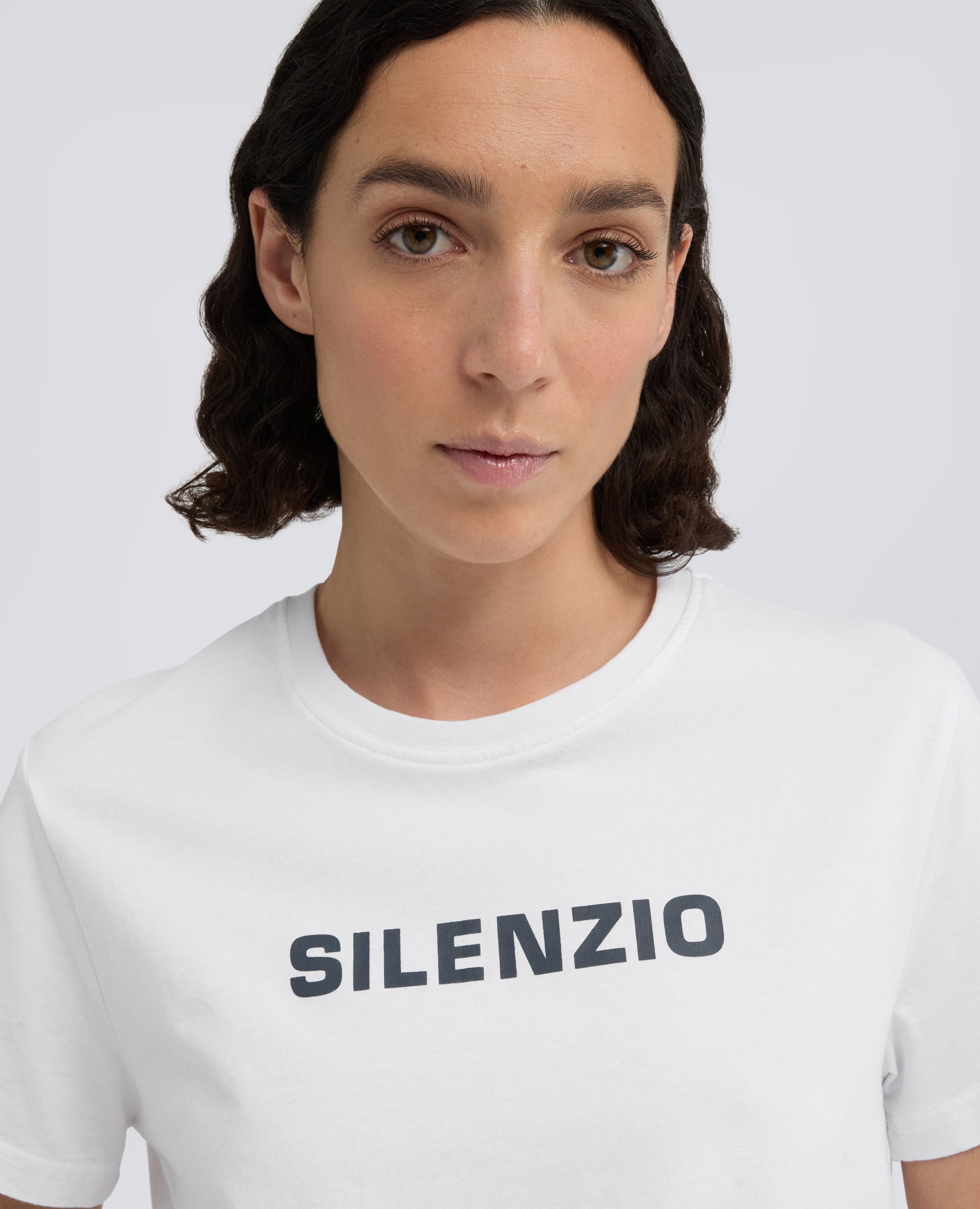 BAUMWOLL JERSEY TSHIRT MIT -SILENZIO-PRINT - WEISS - ASPESI