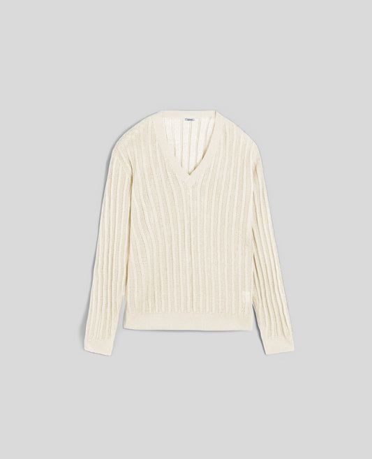 MAGLIA IN LINO E COTONE CON SCOLLO A V-NATURALE-NATURAL-NATURAL-NATURLICH-NATUREL