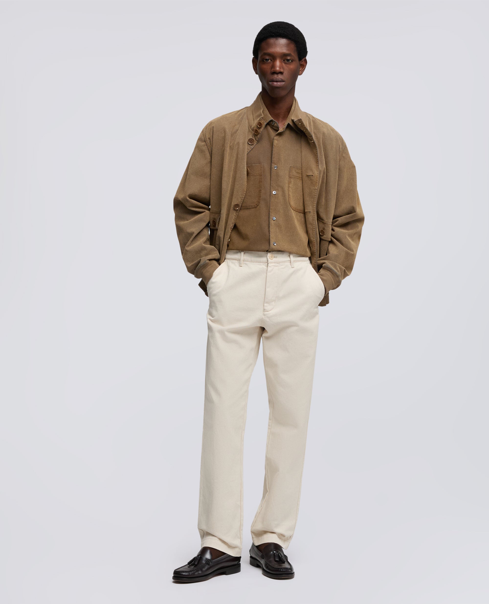 CAMICIA DA LAVORO IN CHAMBRAY FLOCCATO CON PELLE RICICLATA-CHAMBRAY FLOCCATO-CHAMBRAY FLOCCATO-CHAMBRAY FLOCCATO-CHAMBRAY FLOCCATO-CHAMBRAY FLOCCATO