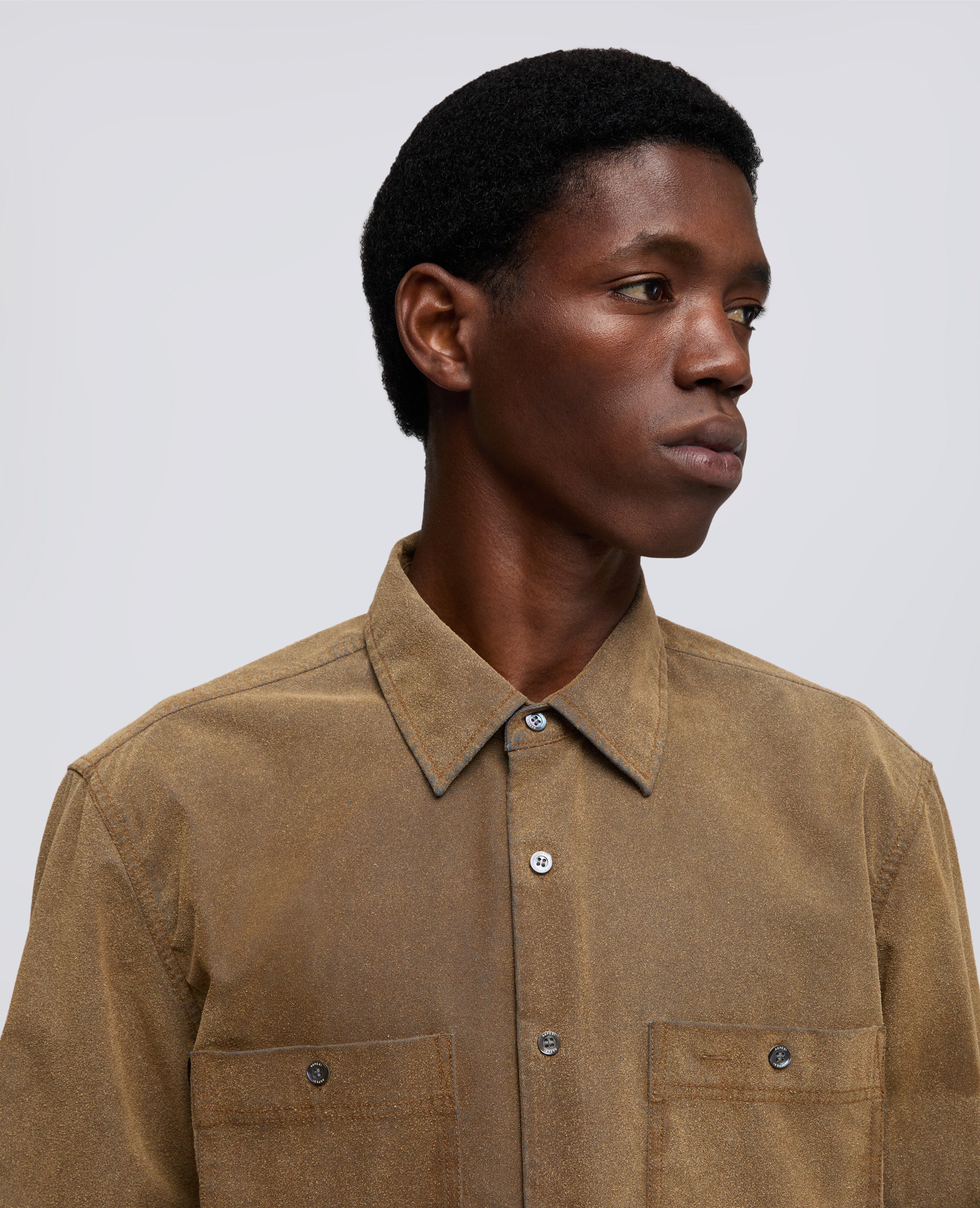 CAMICIA DA LAVORO IN CHAMBRAY FLOCCATO CON PELLE RICICLATA-COLONIALE-COLONIAL BEIGE-COLONIAL-KOLONIALBEIGE-COLONIAL