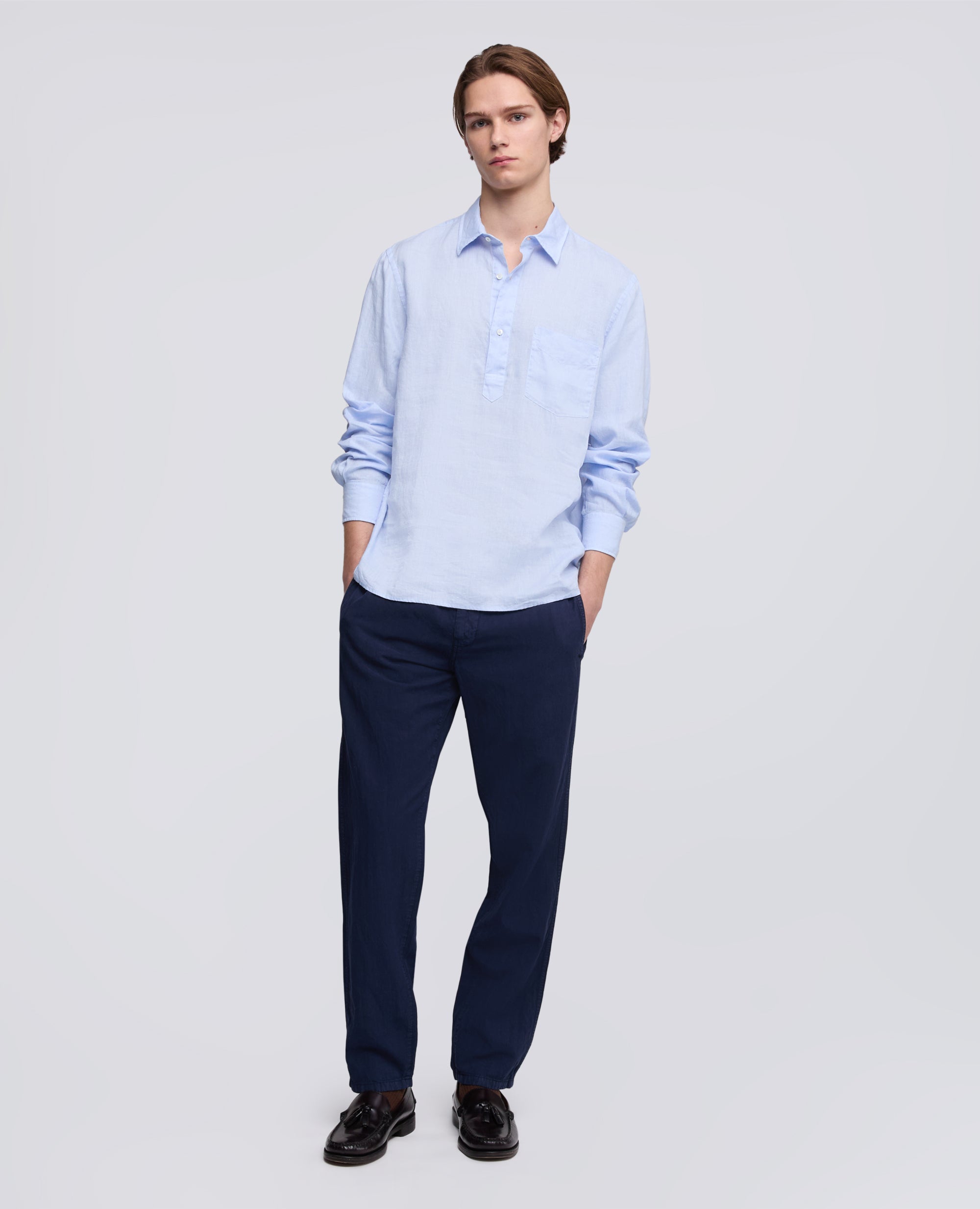 CAMICIA IN LINO LEGGERO A POLO-AZZURRO-SKY BLUE-AZUL CLARO-HIMMELBLAU-BLEU CIEL