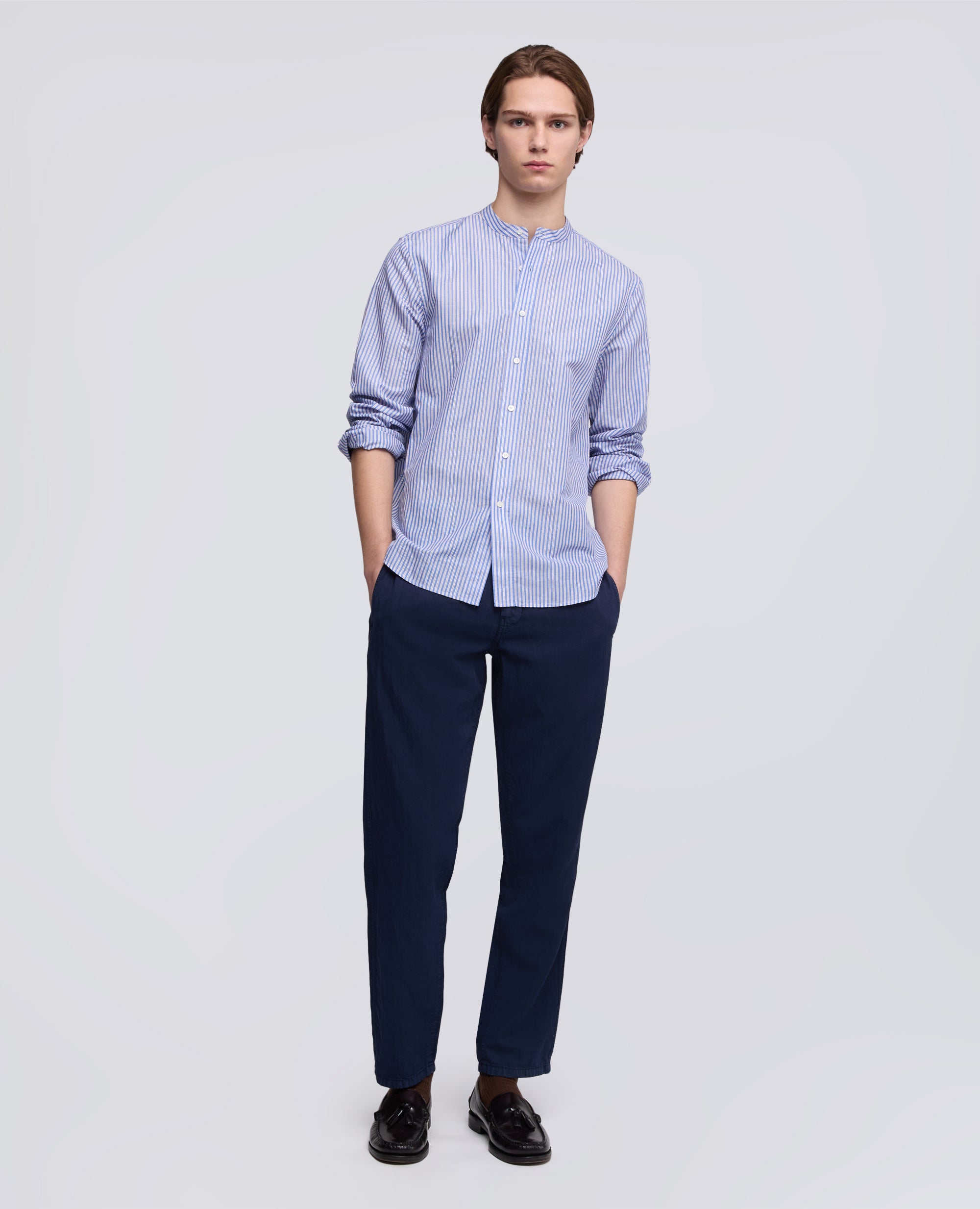 CAMICIA IN COTONE-LINO RIGATA COREANA-RIGA BLU-BLUE STRIPE-RAYA AZUL OSCURO-BLAUE STREIFEN-RAYURES BLEUES