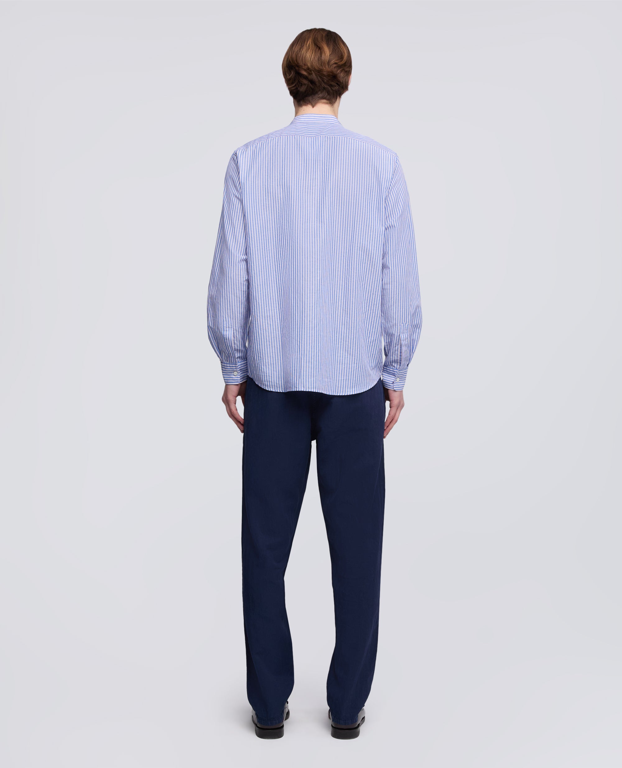 CAMICIA IN COTONE-LINO RIGATA COREANA-RIGA BLU-BLUE STRIPE-RAYA AZUL OSCURO-BLAUE STREIFEN-RAYURES BLEUES