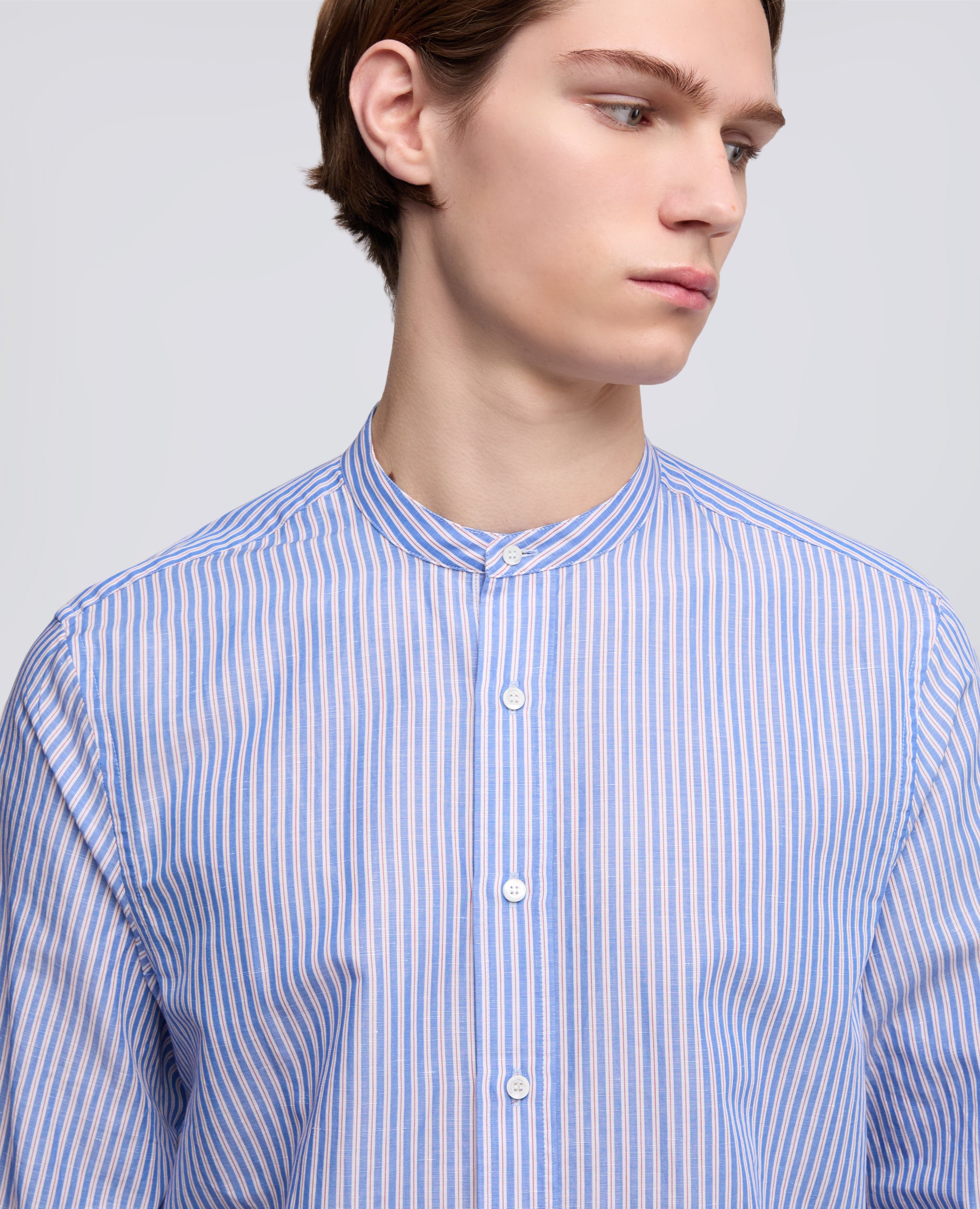 CAMICIA IN COTONE-LINO RIGATA COREANA-RIGA BLU-BLUE STRIPE-RAYA AZUL OSCURO-BLAUE STREIFEN-RAYURES BLEUES