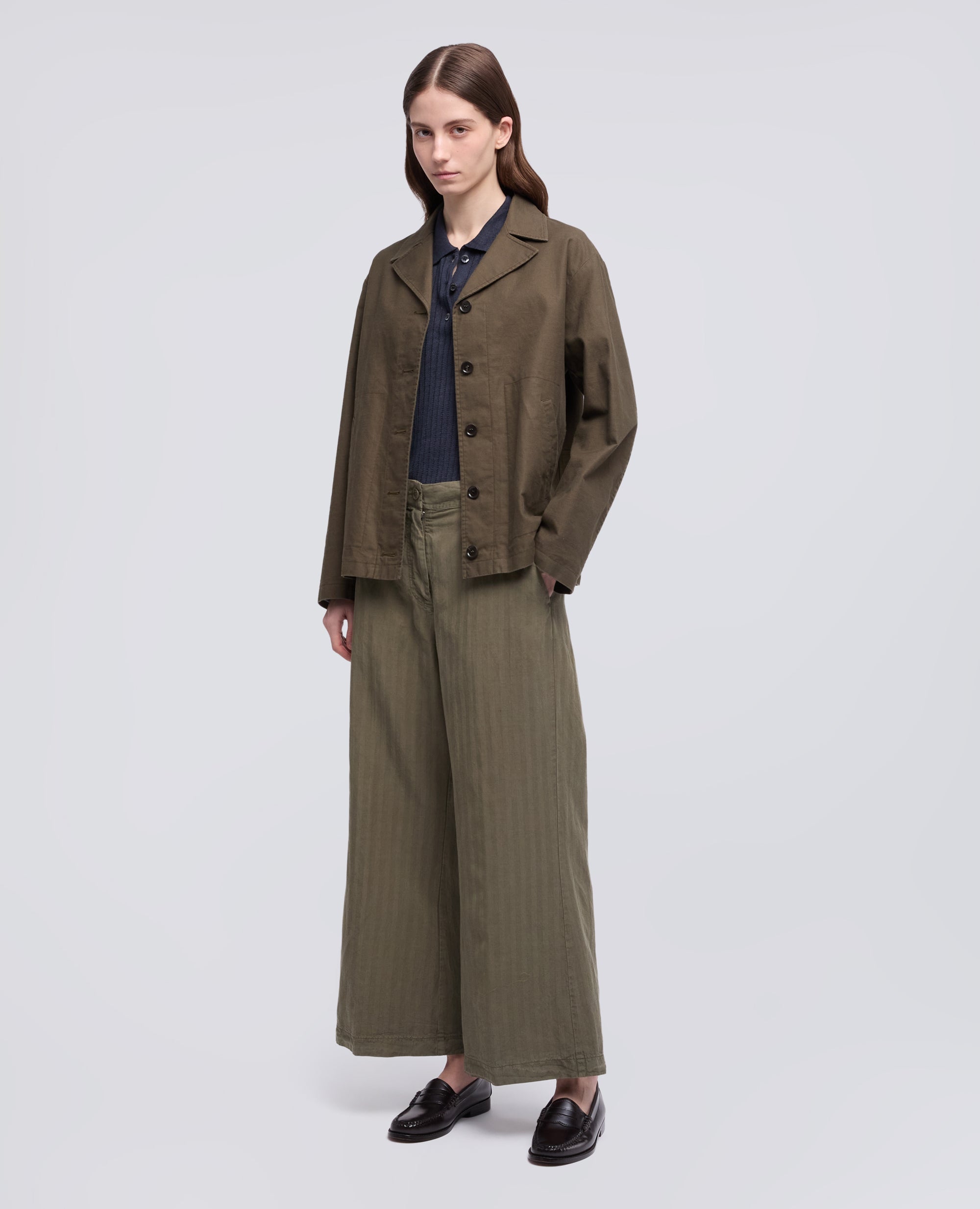 PANTALONE IN HERRINGBONE LYOCELL IN LINO E COTONE TINTO CAPO-MILITARE-MILITARY-MILITAR-MILITAR-MILITAIRE