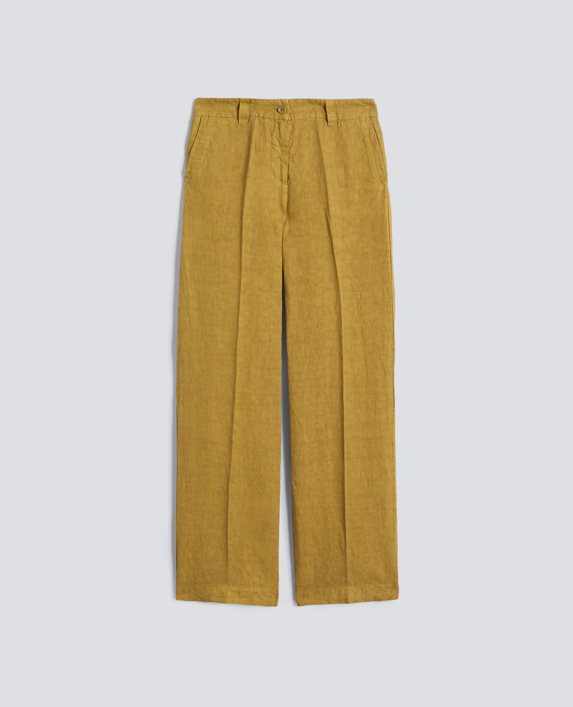 PANTALONE IN LINO FIAMMATO COMPATTO TINTO CAPO-SENAPE-MUSTARD YELLOW-MOSTAZA-SENF-MOUTARDE