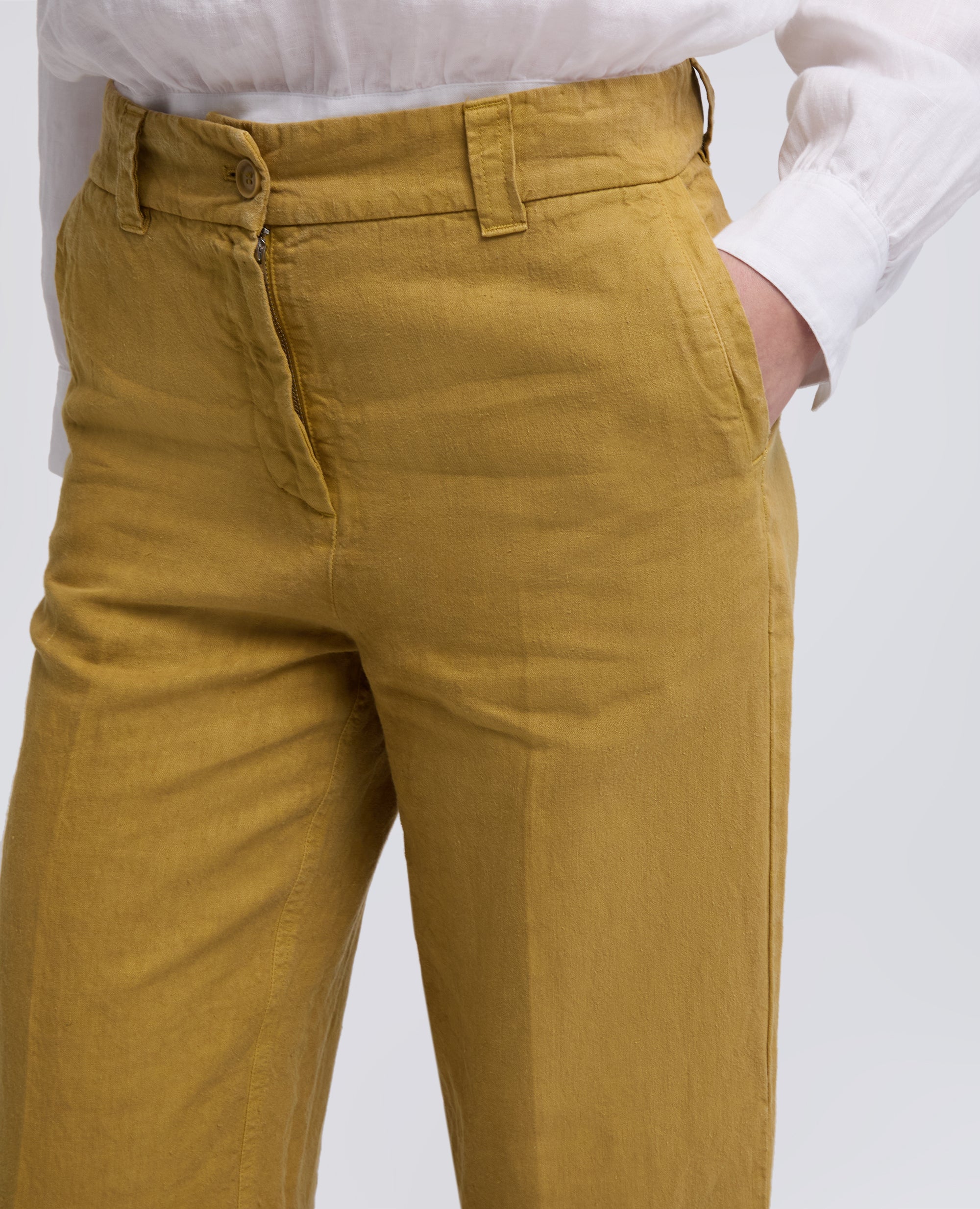 PANTALONE IN LINO FIAMMATO COMPATTO TINTO CAPO-SENAPE-MUSTARD YELLOW-MOSTAZA-SENF-MOUTARDE