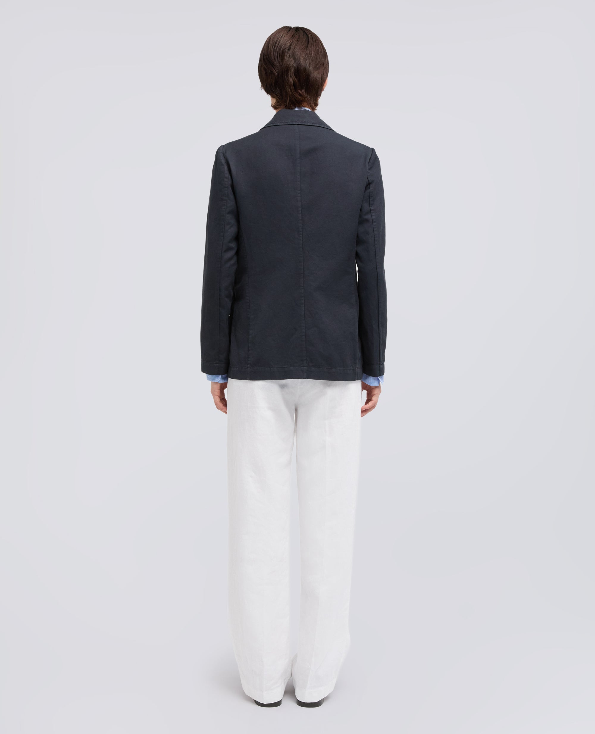 GIACCA MONOPETTO DECOSTRUITA IN GABARDINA COTONE E LINO TINTO CAPO-NAVY-NAVY-AZUL MARINO-NAVY-NAVY