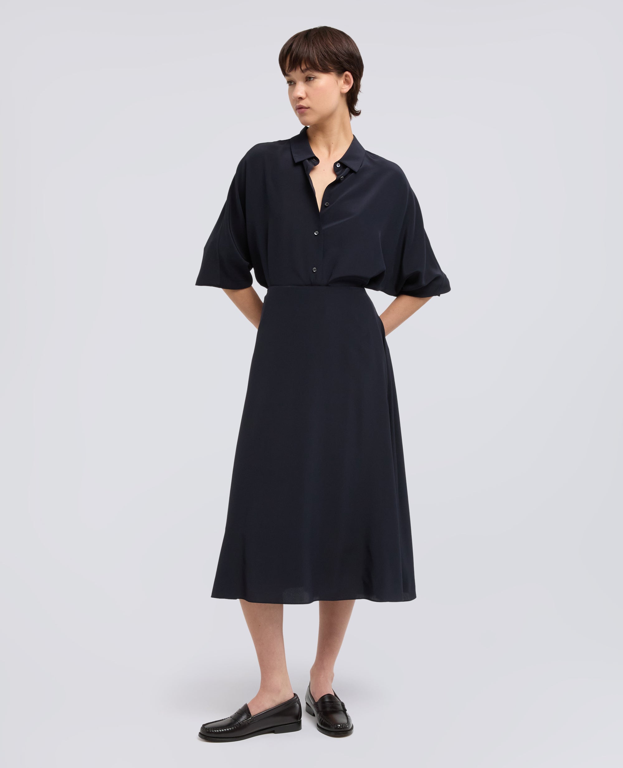 GONNA LUNGA IN CREPE DE CHINE DI SETA-NAVY-NAVY-AZUL MARINO-NAVY-NAVY