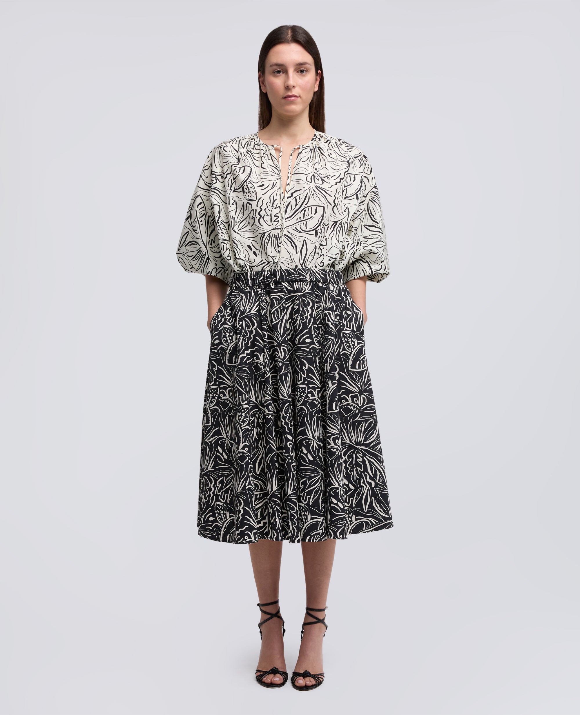 GONNA IN POPELINE DI COTONE-STAMPA NERA-BLACK PRINT-ESTAMPADO NEGRO-PRINT SCHWARZ-IMPRIMÉ NOIR