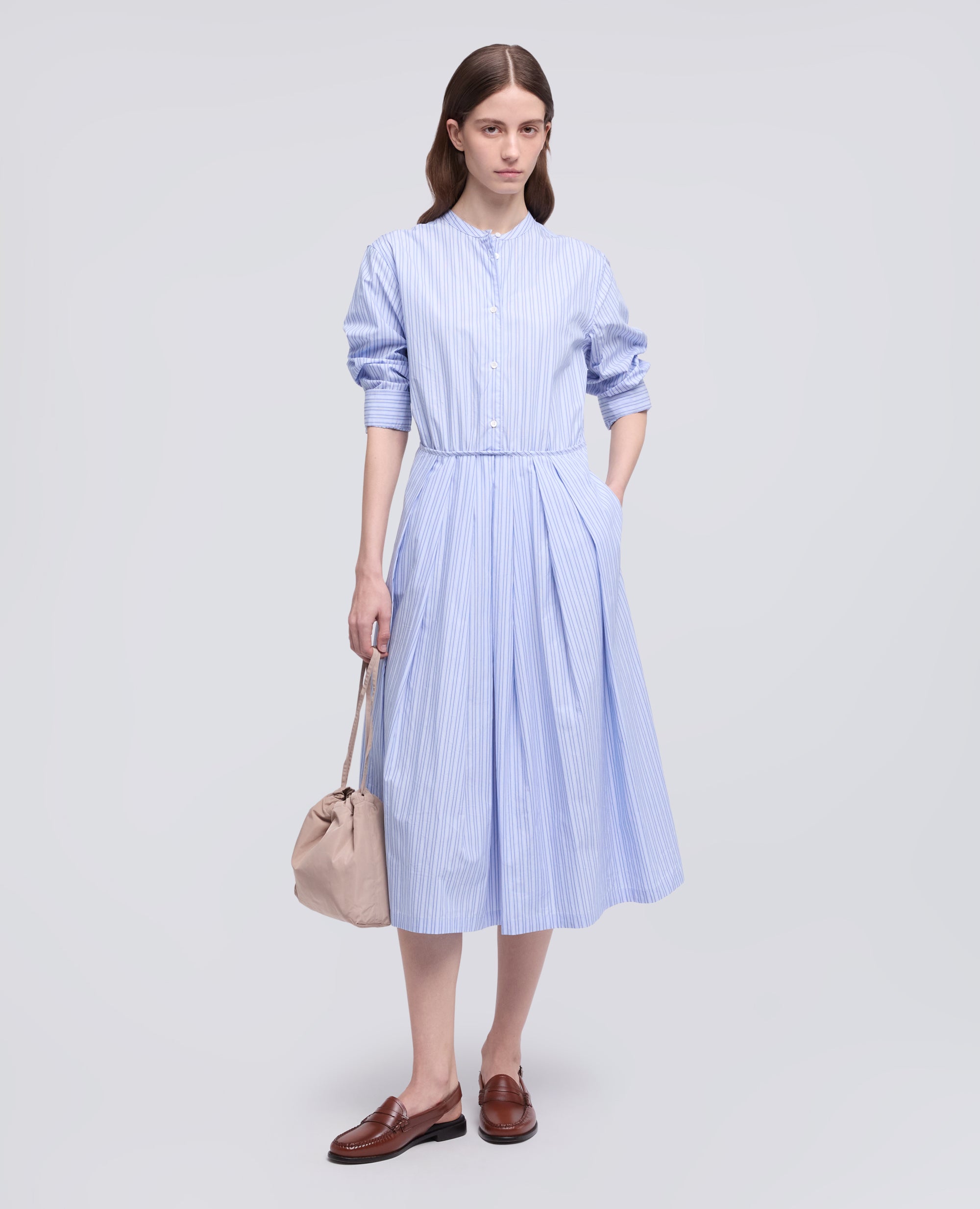 ABITO IN POPELINE DI COTONE A RIGHE-RIGA BLU-BLUE STRIPE-RAYA AZUL OSCURO-BLAUE STREIFEN-RAYURES BLEUES