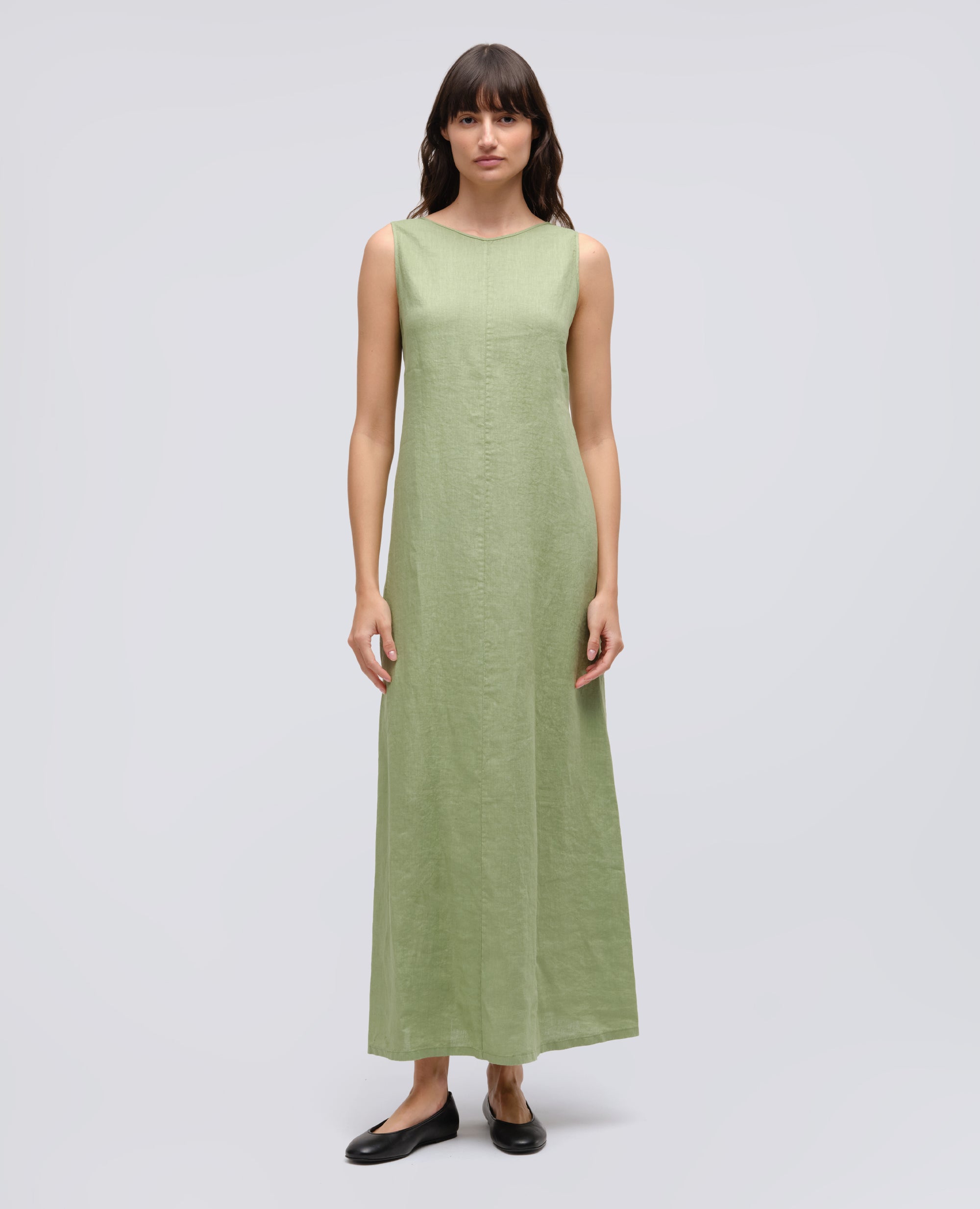 ABITO LUNGO IN LINO-SALVIA-SAGE GREEN-ARENA-SALBEIGRUN-SAUGE