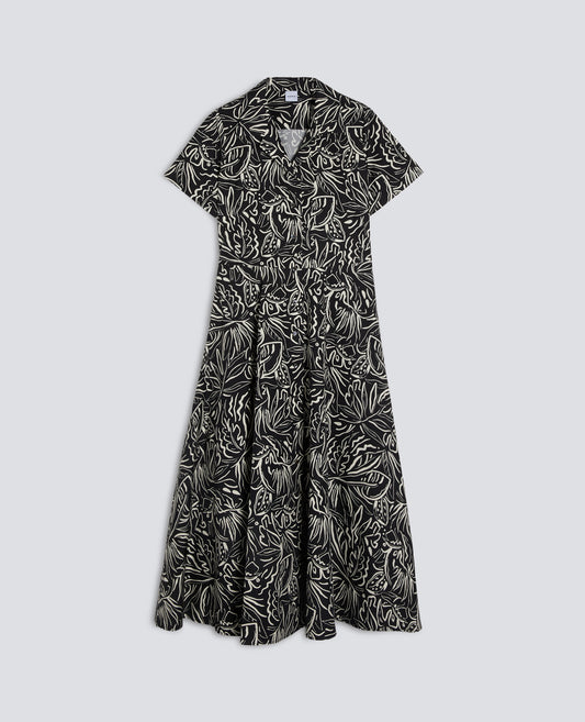 ABITO IN POPELINE DI COTONE STAMPATO-STAMPA NERA-BLACK PRINT-ESTAMPADO NEGRO-PRINT SCHWARZ-IMPRIMÉ NOIR