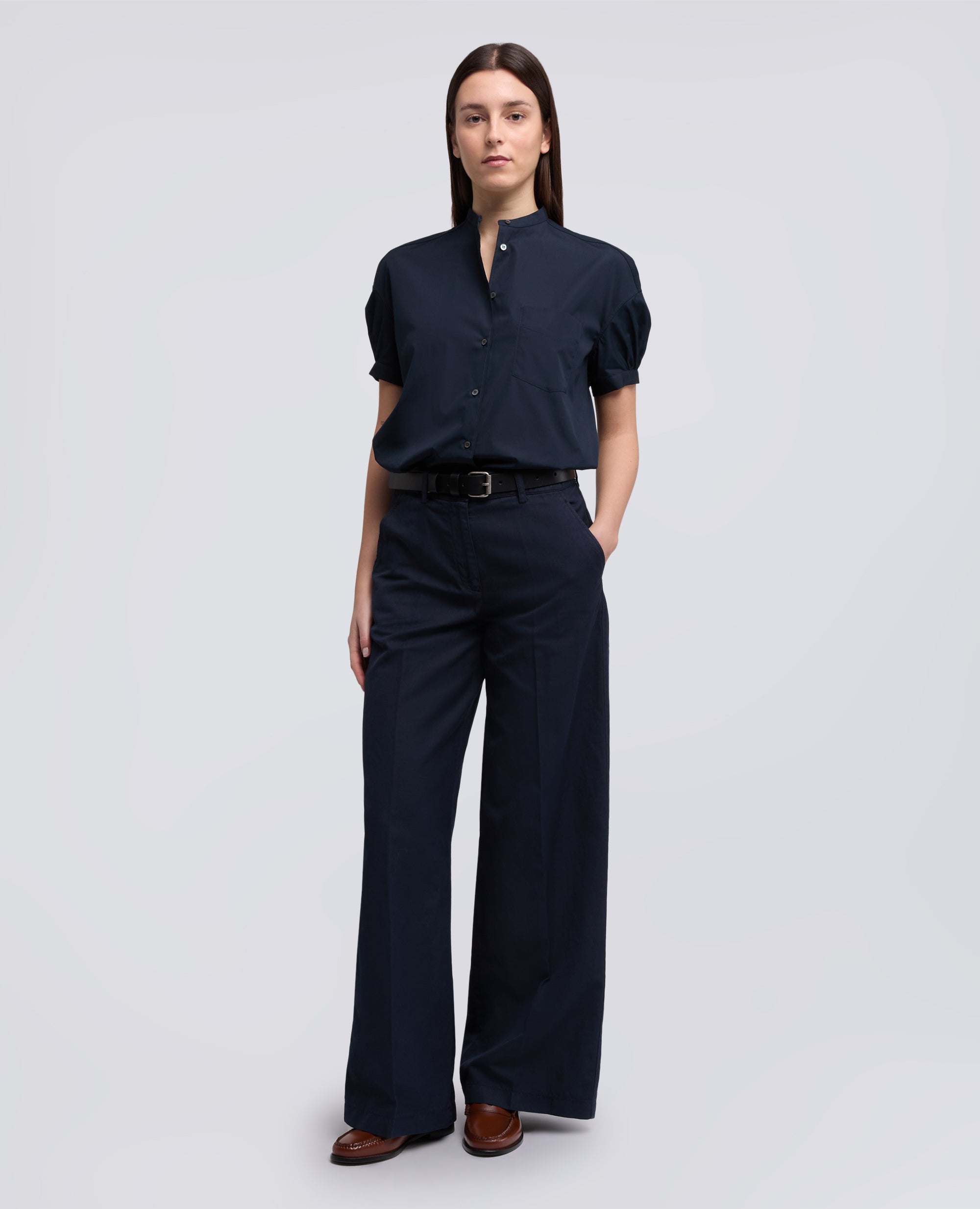 CAMICIA IN POPELINE DI PURO COTONE CON COLLO ALLA COREANA-NAVY-NAVY-AZUL MARINO-NAVY-NAVY