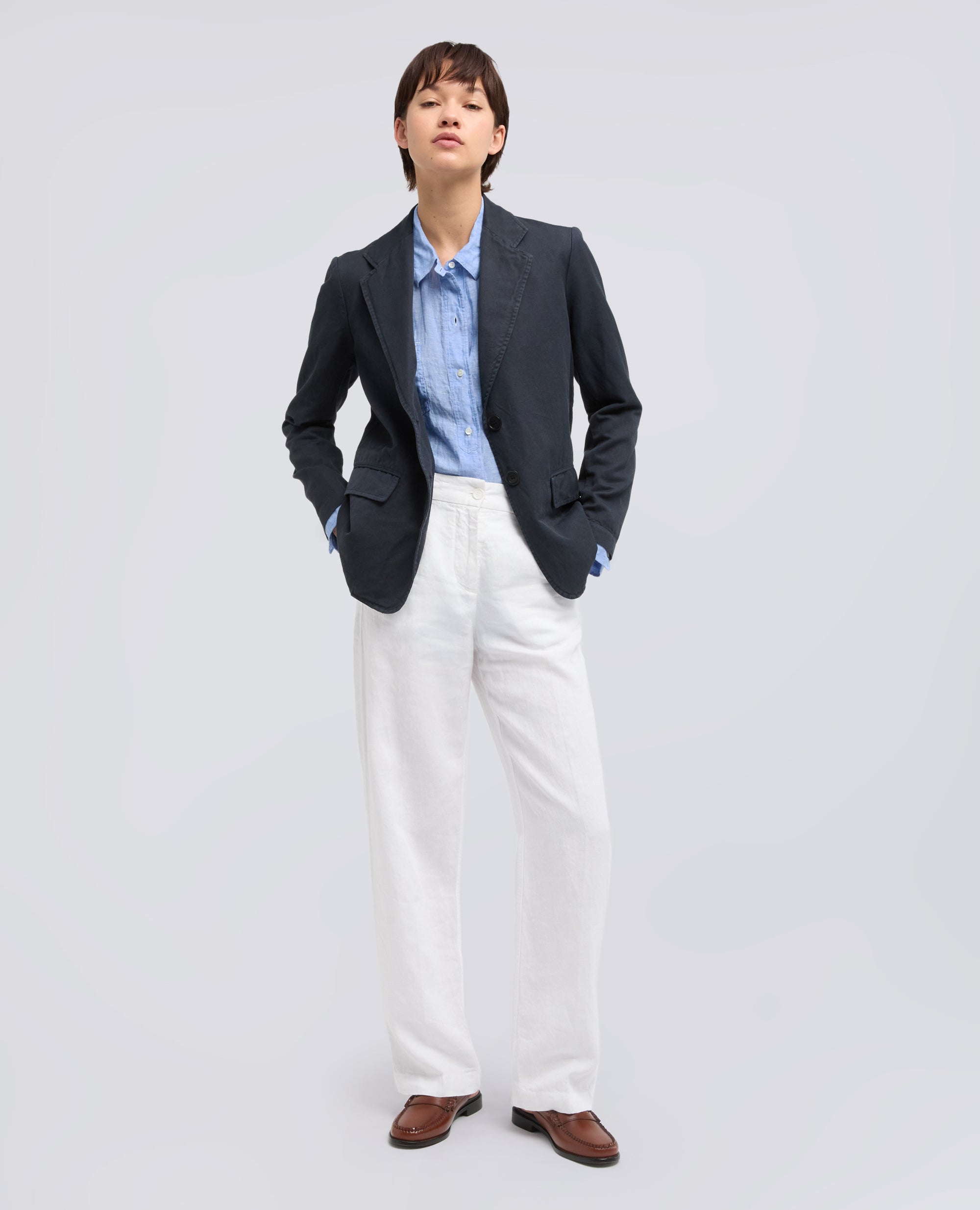 CAMICIA GIROCOLLO IN LINO DELAVE-AZZURRO-SKY BLUE-AZUL CLARO-HIMMELBLAU-BLEU CIEL