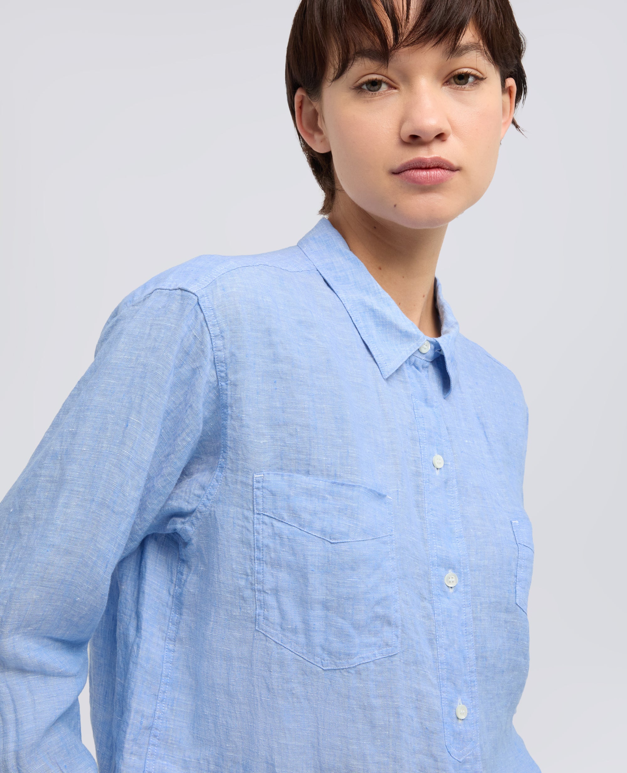 CAMICIA GIROCOLLO IN LINO DELAVE-AZZURRO-SKY BLUE-AZUL CLARO-HIMMELBLAU-BLEU CIEL