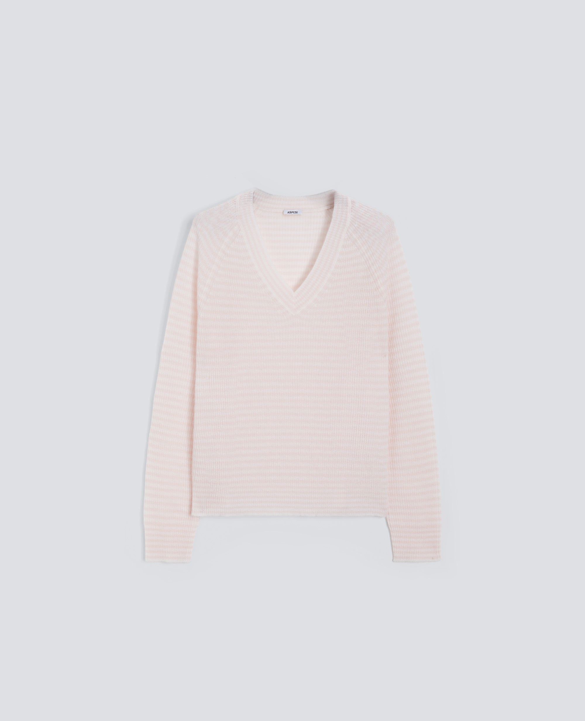 MAGLIA CON SCOLLO A "V" IN PURO CASHMERE-RIGA ROSA-PINK STRIPED-RAYA ROSA-STREIFEN ROSA-RAYURE ROSE