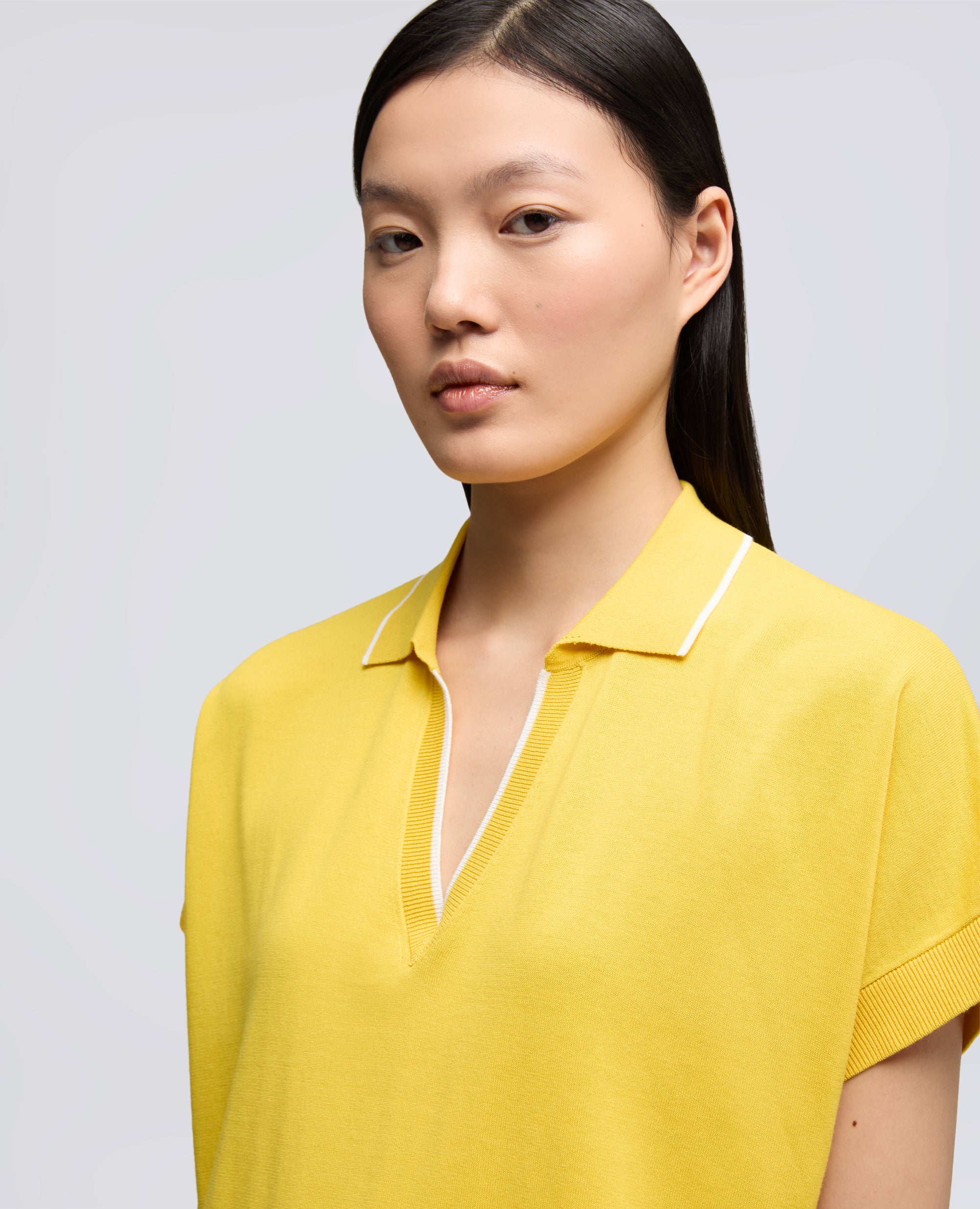 MAGLIA SCOLLO A V CON COLLETTO IN FILATO DI PURO COTONE-GIALLO-YELLOW-AMARILLO-GELB-JAUNE