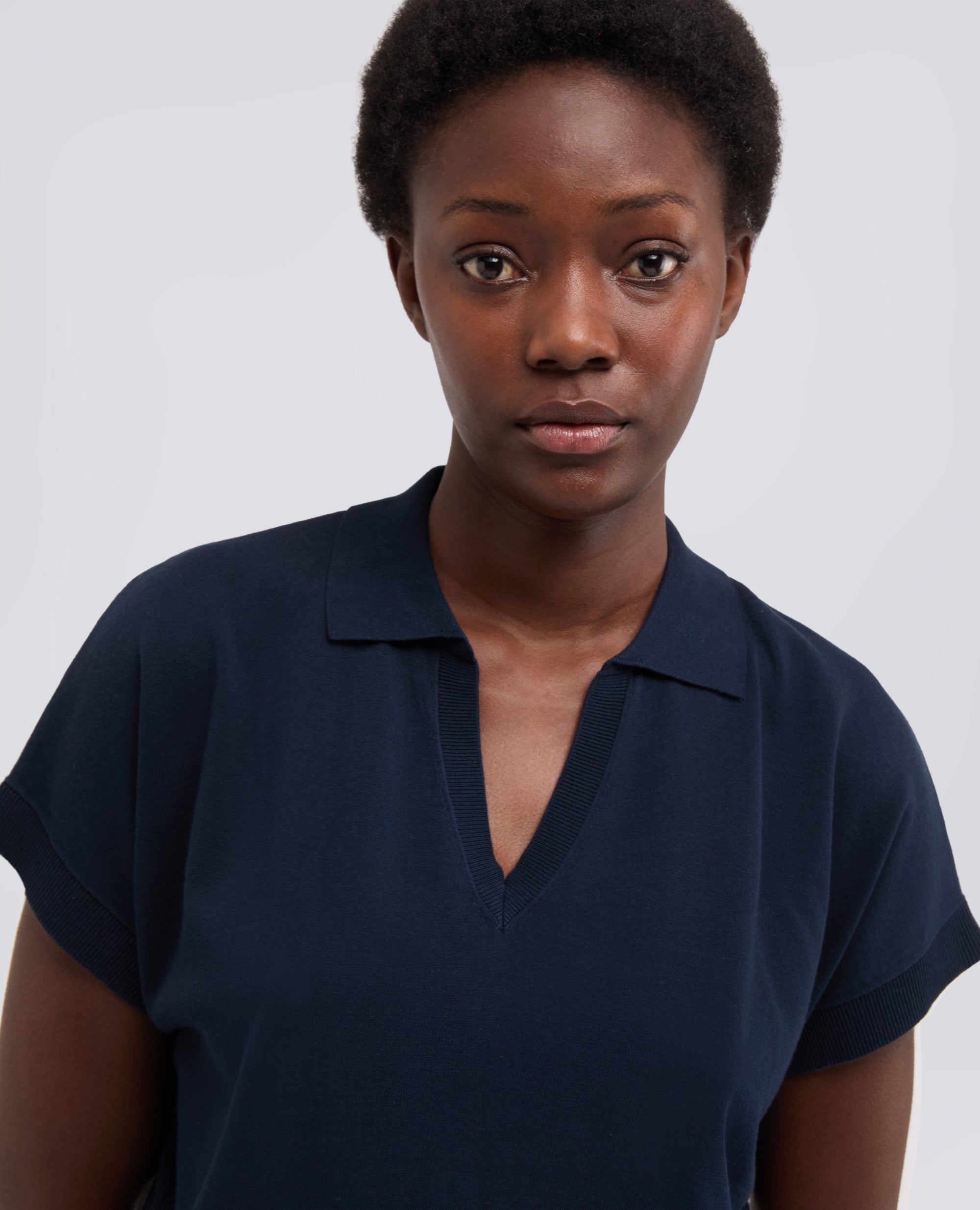 MAGLIA SCOLLO A V CON COLLETTO IN FILATO DI PURO COTONE-NAVY-NAVY-AZUL MARINO-NAVY-NAVY