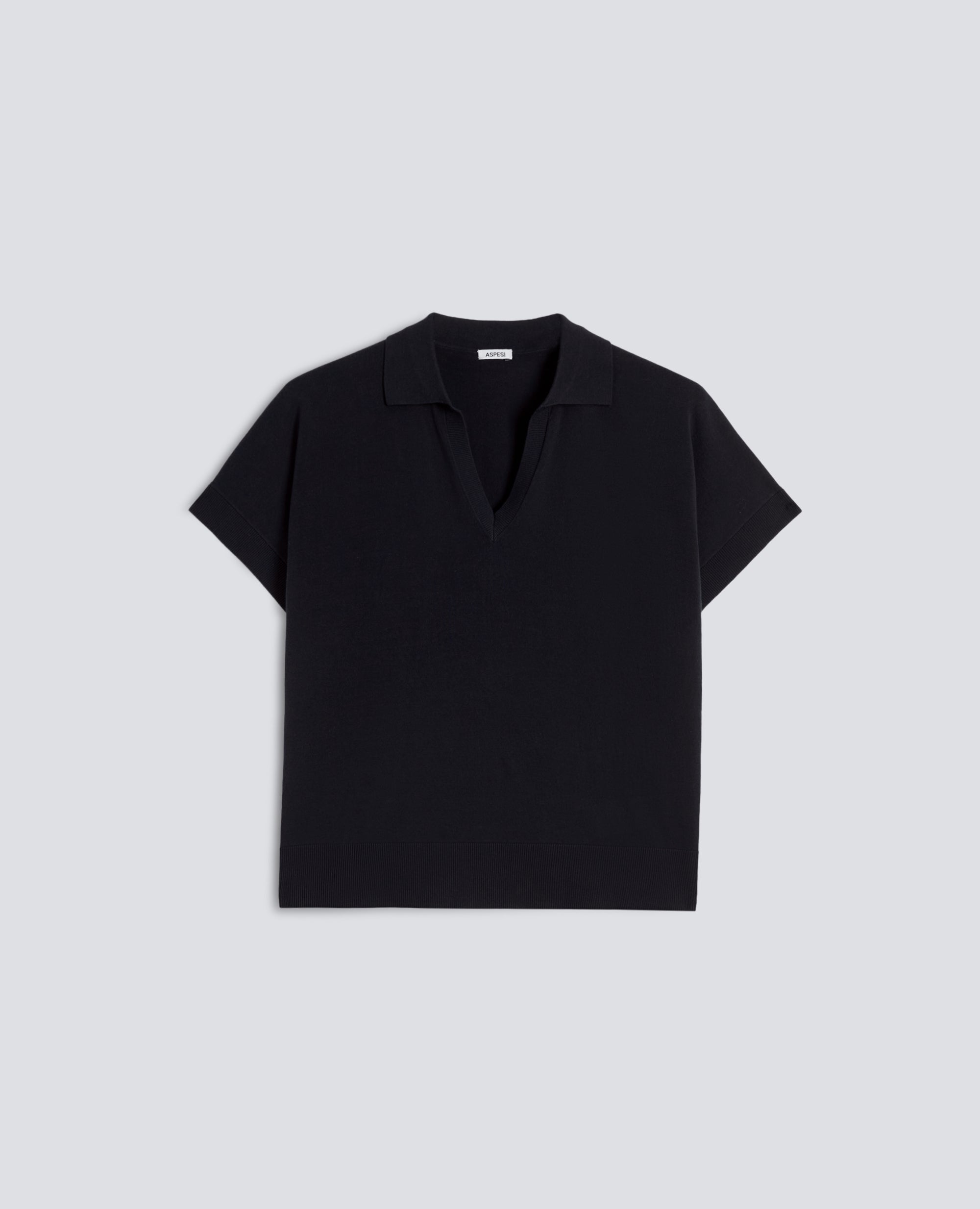 MAGLIA SCOLLO A V CON COLLETTO IN FILATO DI PURO COTONE-NERO-BLACK-NEGRO-SCHWARZ-NOIR