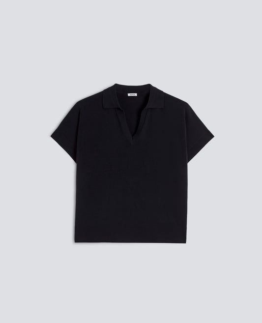 MAGLIA SCOLLO A V CON COLLETTO IN FILATO DI PURO COTONE-NERO-BLACK-NEGRO-SCHWARZ-NOIR