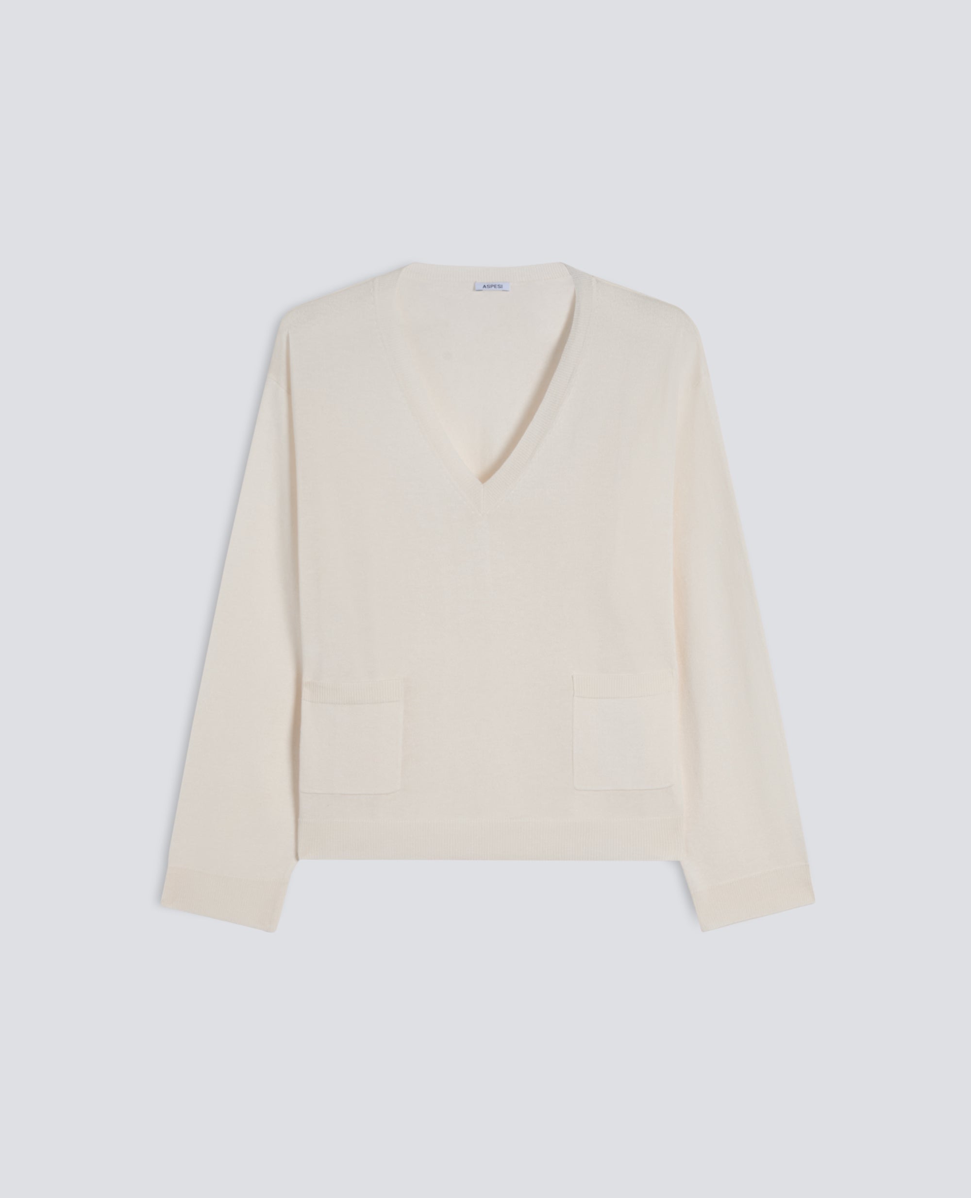 MAGLIA A MANICHE LUNGHE CON SCOLLO A "V" IN FILATO DI SETA, COTONE E CASHMERE-BIANCO-WHITE-BLANCO-WEISS-BLANC