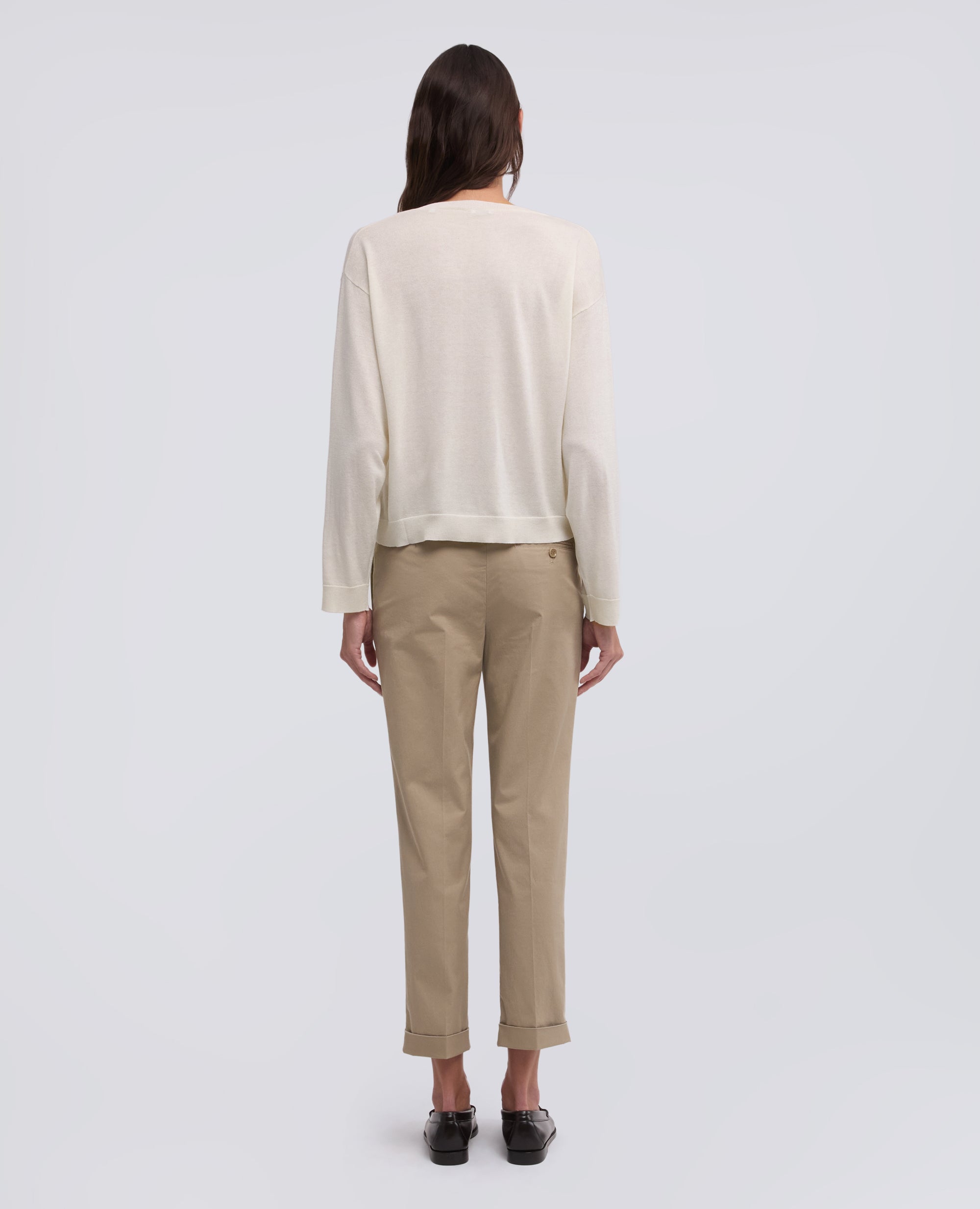 MAGLIA A MANICHE LUNGHE CON SCOLLO A "V" IN FILATO DI SETA, COTONE E CASHMERE-BIANCO-WHITE-BLANCO-WEISS-BLANC