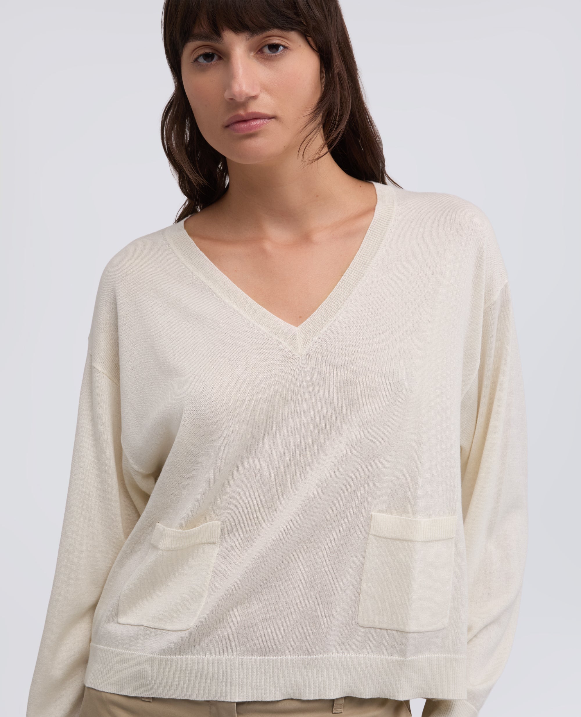 MAGLIA A MANICHE LUNGHE CON SCOLLO A "V" IN FILATO DI SETA, COTONE E CASHMERE-BIANCO-WHITE-BLANCO-WEISS-BLANC