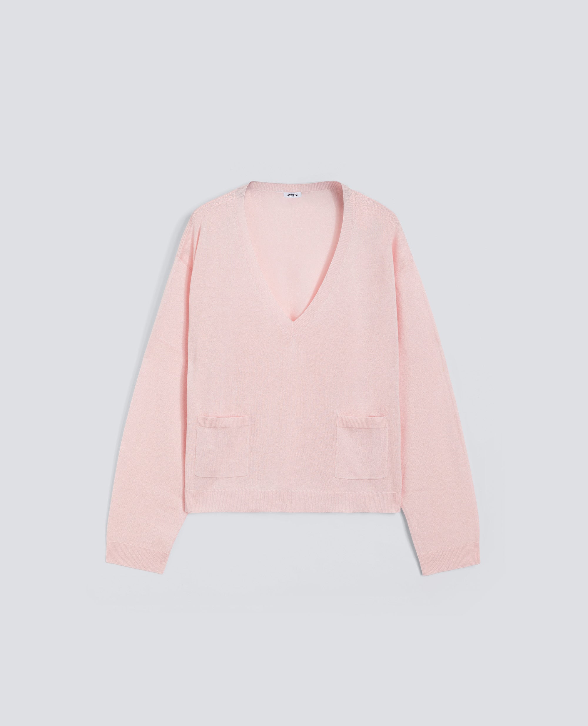 MAGLIA A MANICHE LUNGHE CON SCOLLO A "V" IN FILATO DI SETA, COTONE E CASHMERE-ROSA-PINK-ROSA-ROSA-ROSE