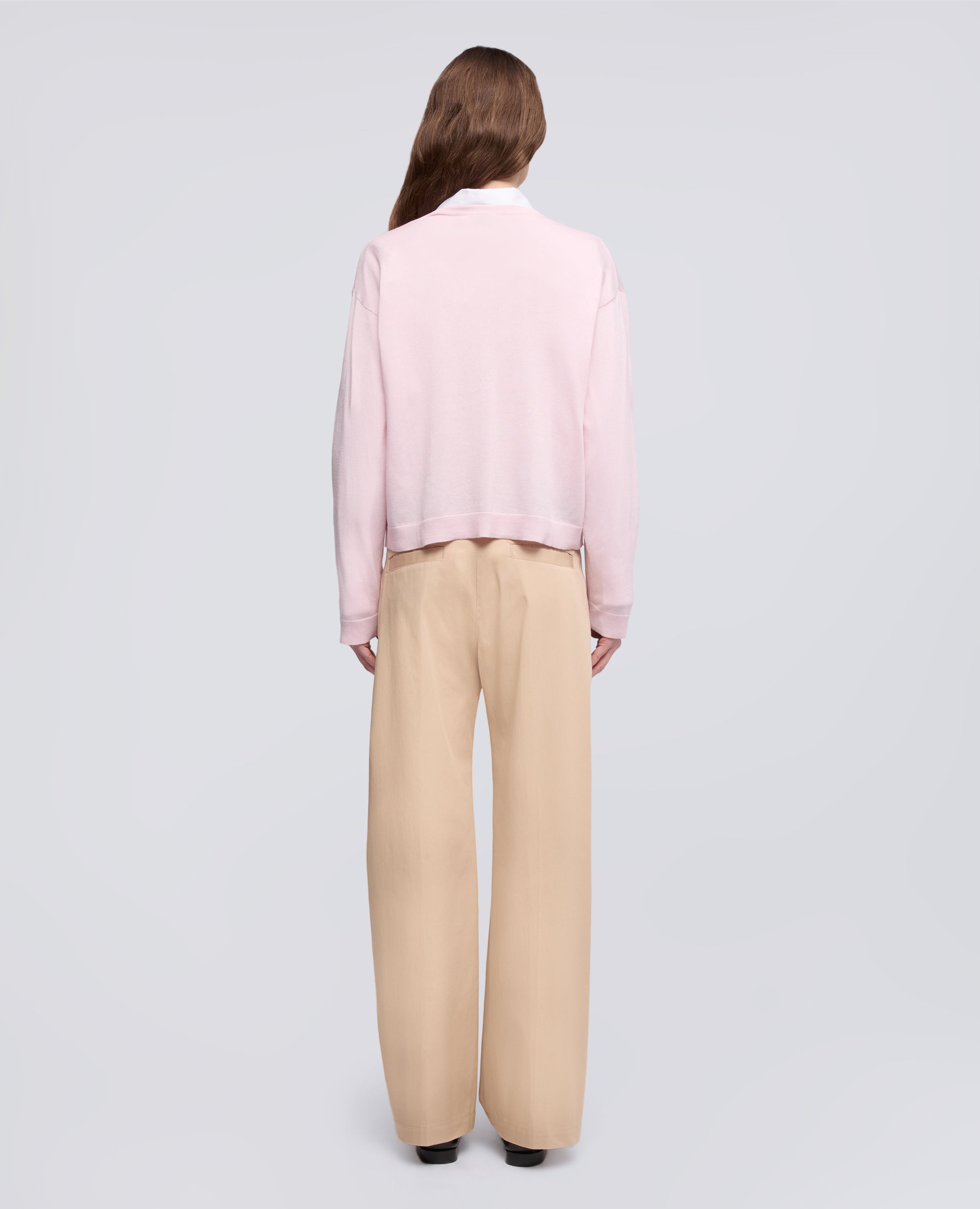 MAGLIA A MANICHE LUNGHE CON SCOLLO A "V" IN FILATO DI SETA, COTONE E CASHMERE-ROSA-PINK-ROSA-ROSA-ROSE