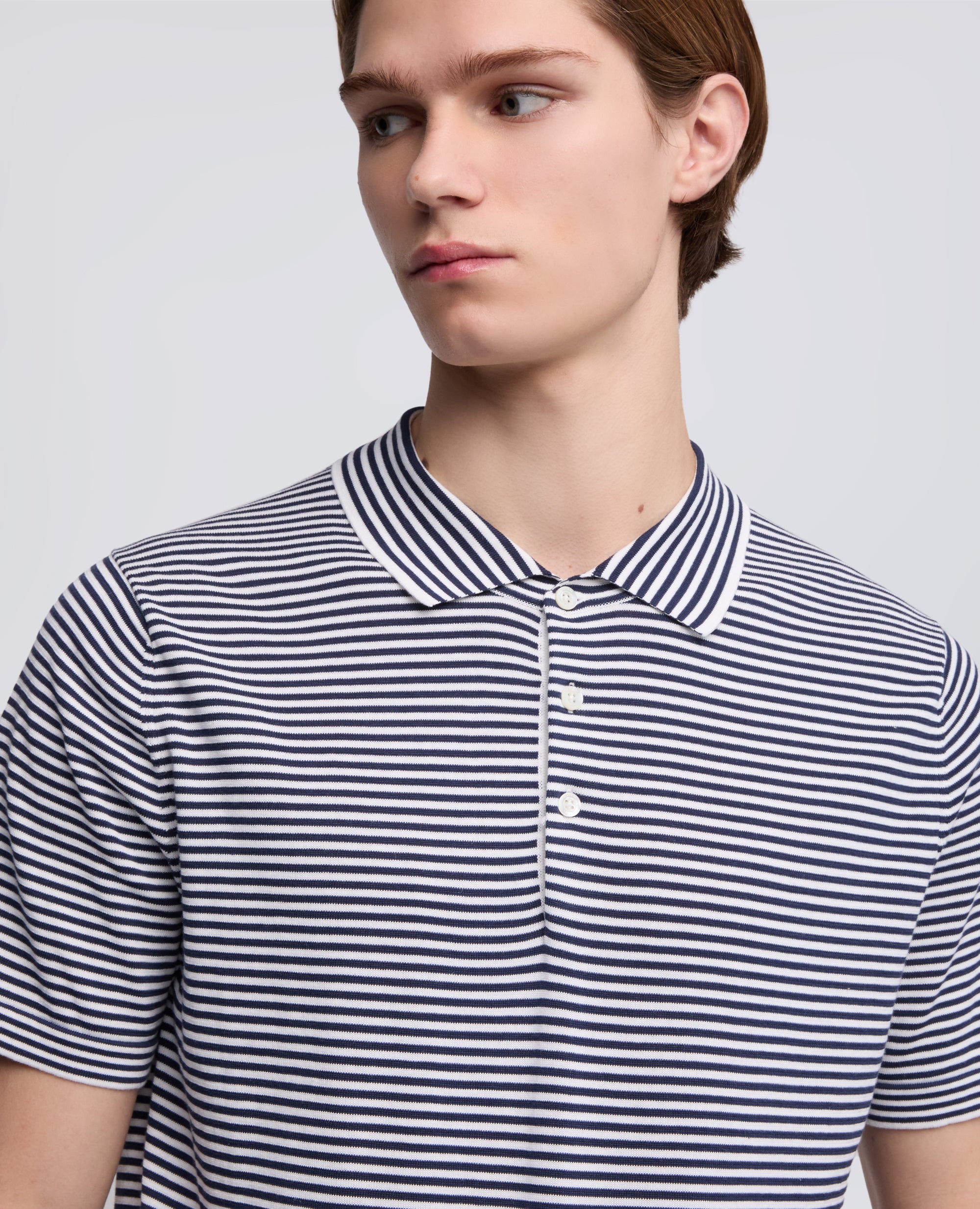 POLO IN MAGLIA DI COTONE, SETA E LINO-RIGA BLU-BLUE STRIPE-RAYA AZUL OSCURO-BLAUE STREIFEN-RAYURES BLEUES