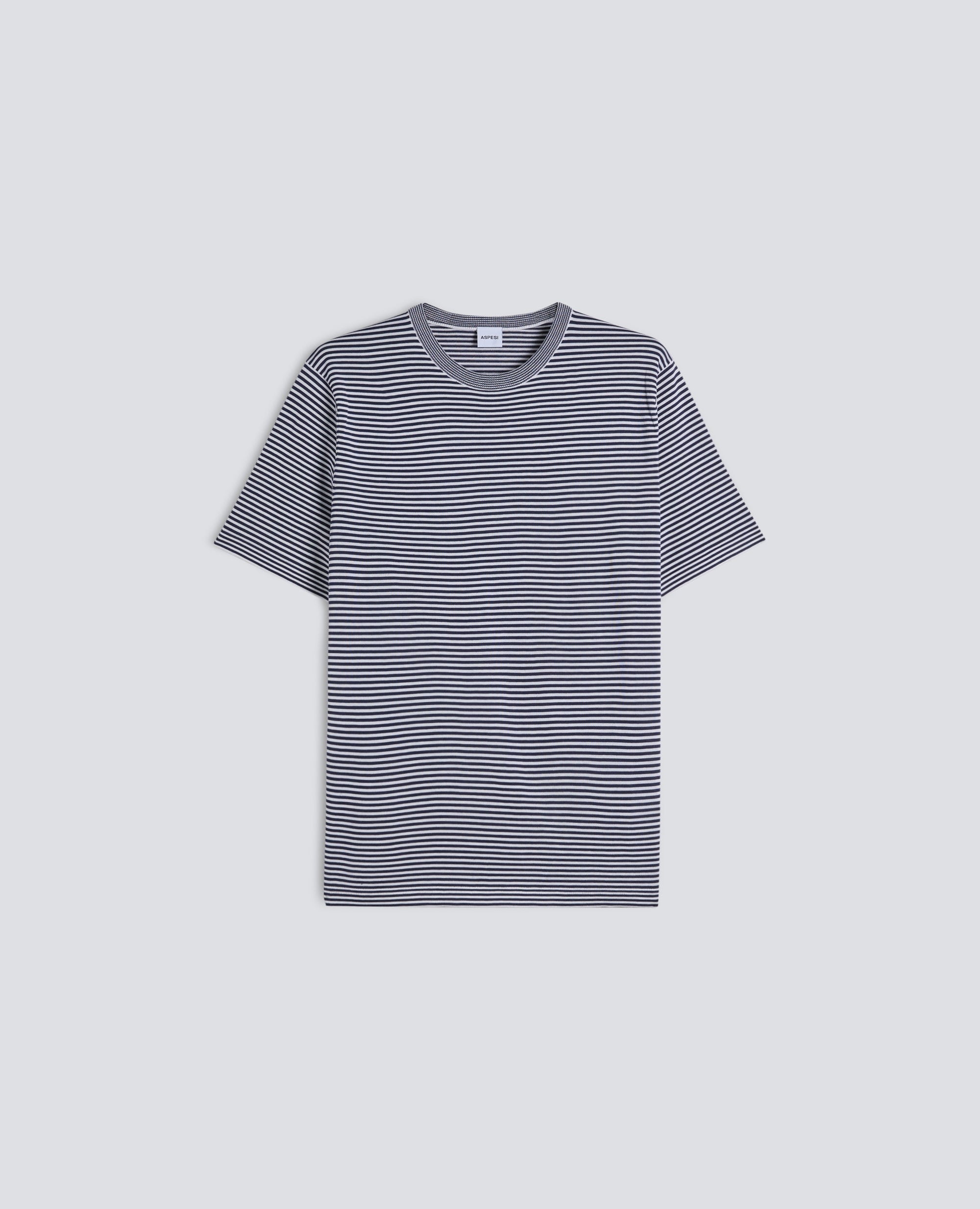 T-SHIRT IN FILATO DI MISTO LINO, SETA, COTONE-RIGA BLU-BLUE STRIPE-RAYA AZUL OSCURO-BLAUE STREIFEN-RAYURES BLEUES