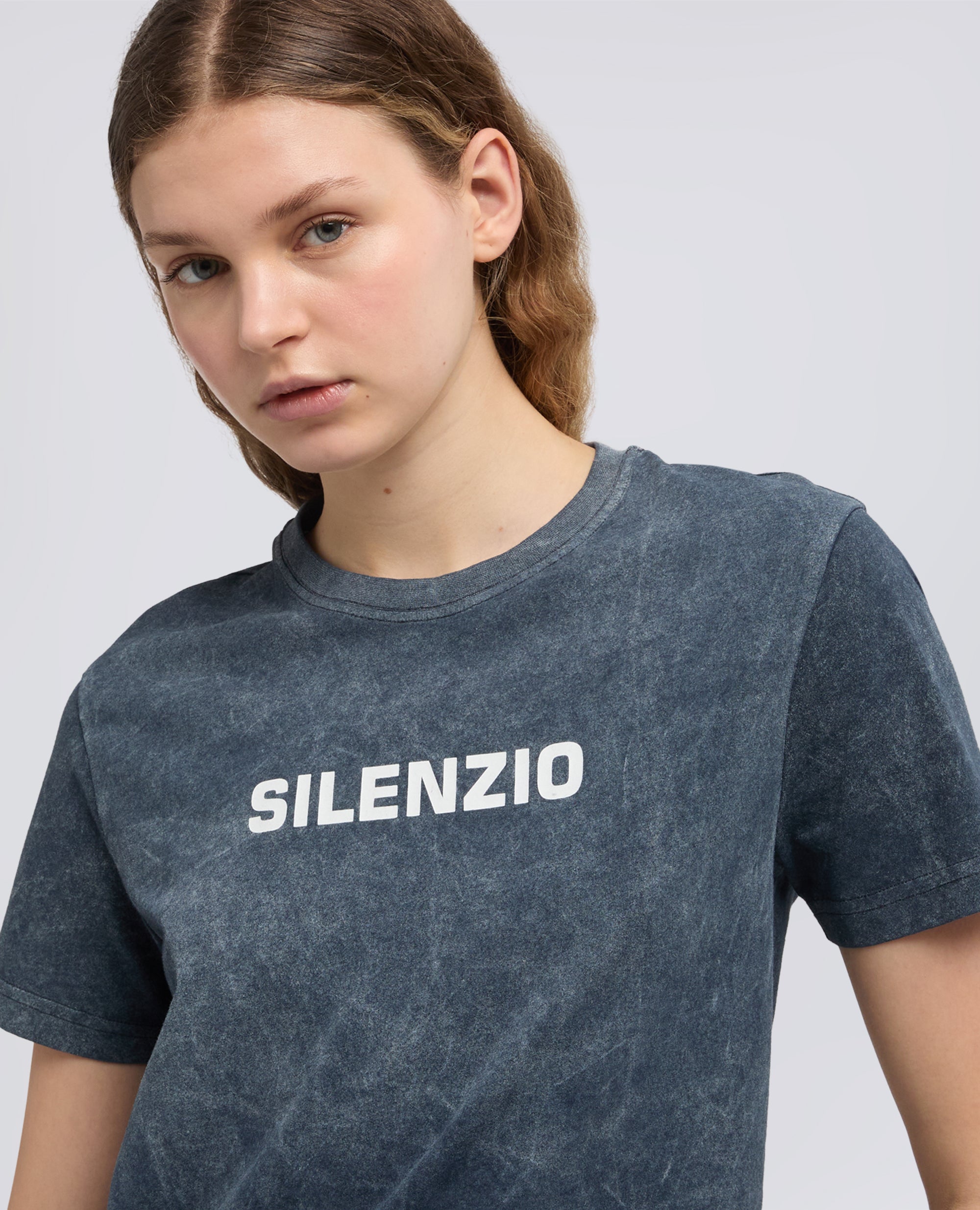 T-SHIRT IN JERSEY DI COTONE CON STAMPA "SILENZIO"-NAVY SHADY-NAVY SHADY-NAVY SHADY-NAVY SHADY-NAVY SHADY