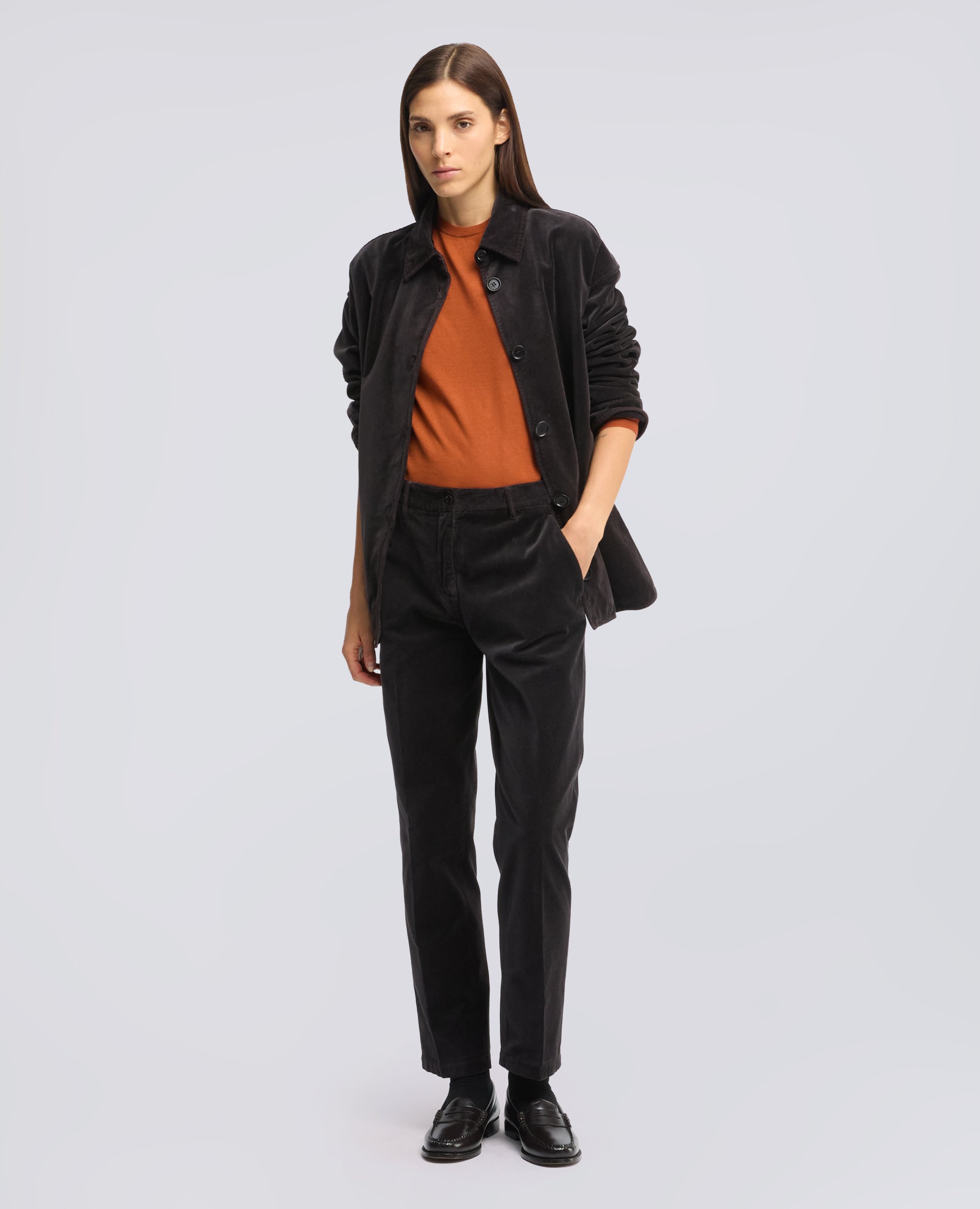 PANTALONE IN VELLUTO LISCIO DI COTONE TINTO CAPO - MARRONE - ASPESI