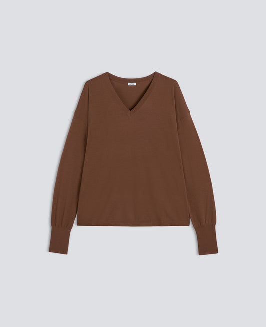 MAGLIA SCOLLO A -V- IN LANA MERINOS - BROWN