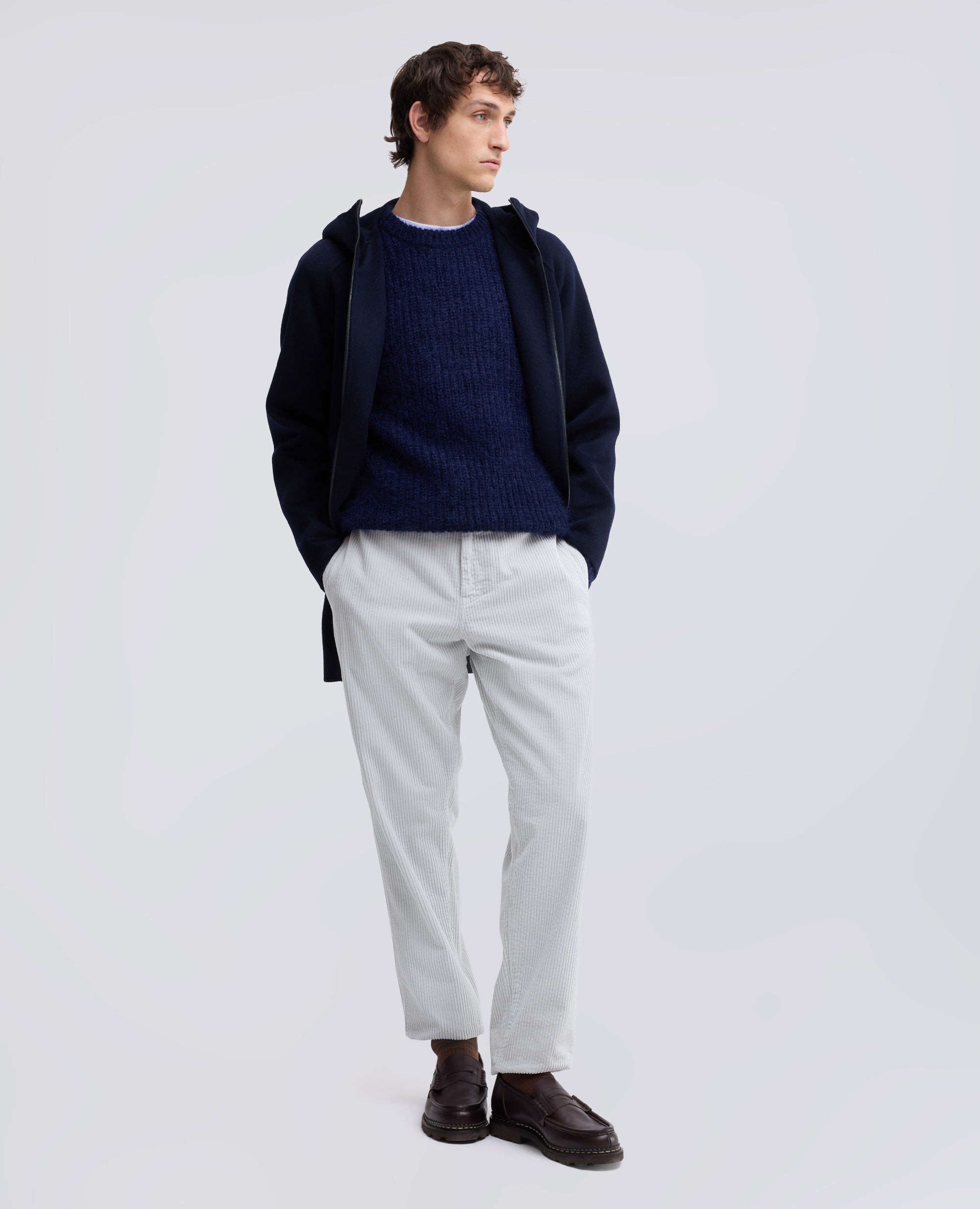 GERIPPTER RUNDHALS-STRICKPULLOVER AUS MOHAIR UND WOLLE - BLU - ASPESI