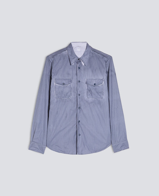 CAMICIA LIMITED EDITION NABA X ASPESI IN POPELINE DI COTONE RIGATO SPALMATO-RIGA BLU-BLUE STRIPE-RAYA AZUL OSCURO-BLAUE STREIFEN-RAYURES BLEUES