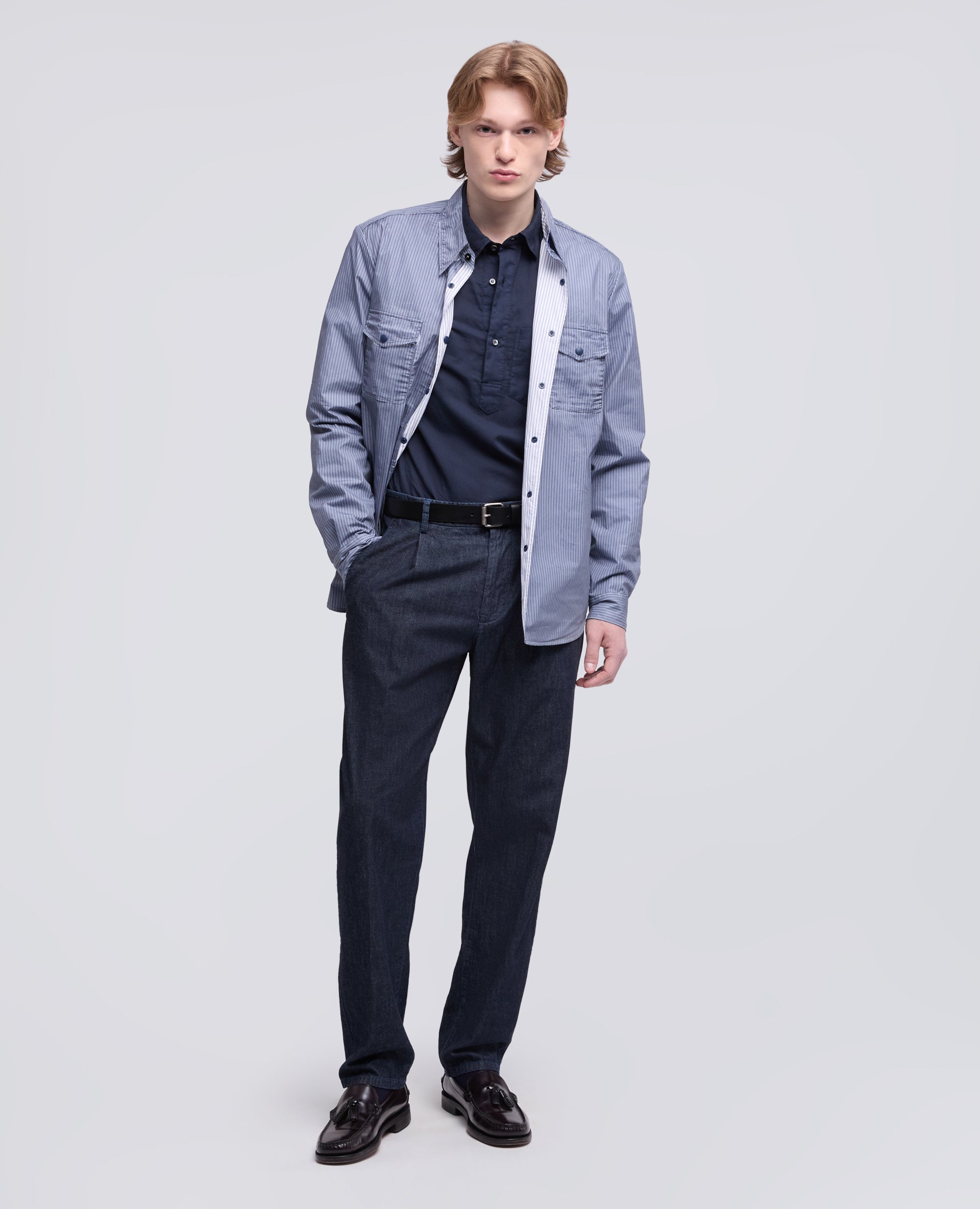 CAMICIA LIMITED EDITION NABA X ASPESI IN POPELINE DI COTONE RIGATO SPALMATO-RIGA BLU-BLUE STRIPE-RAYA AZUL OSCURO-BLAUE STREIFEN-RAYURES BLEUES