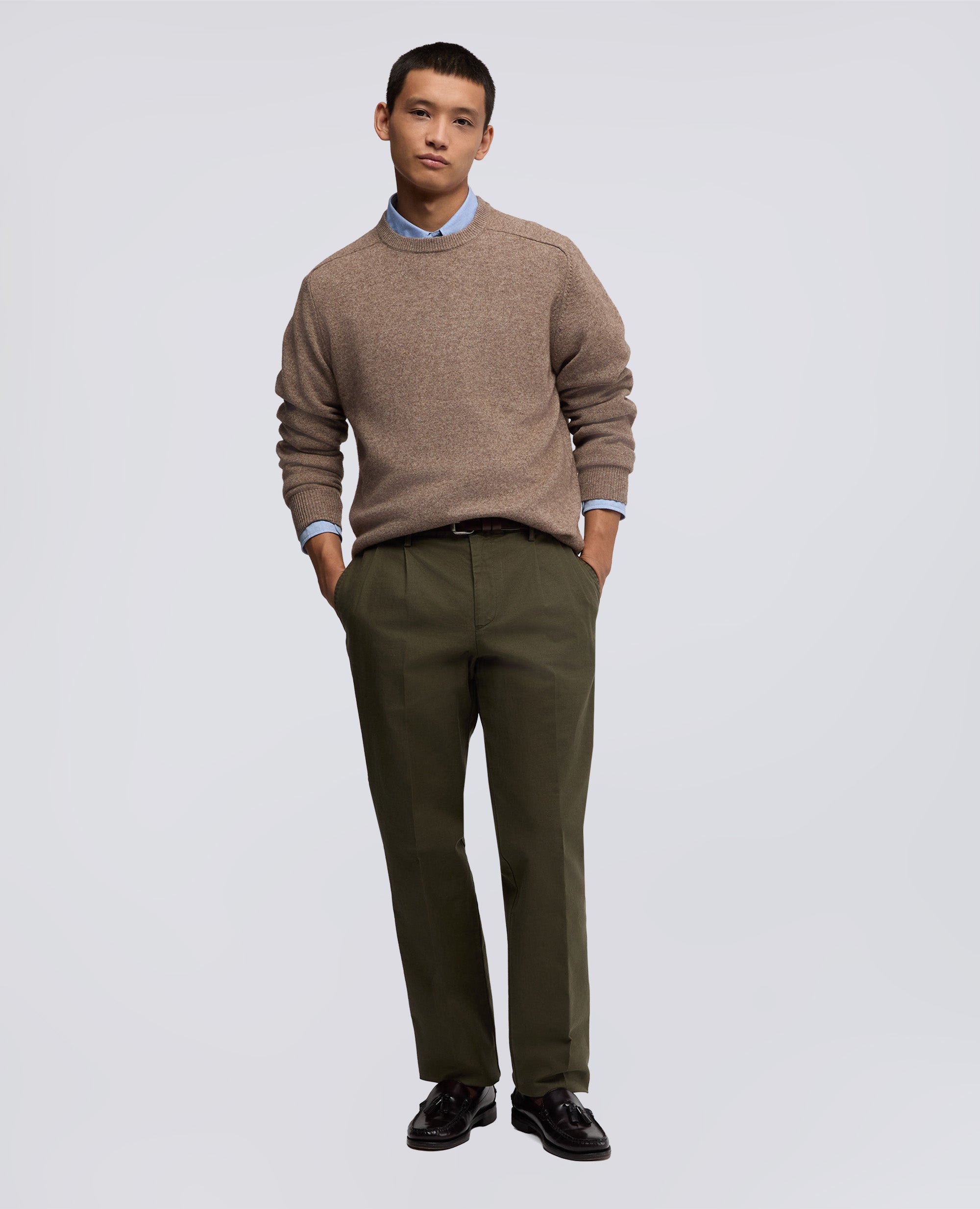 PANTALONE SLIM BANANA IN GABARDINA DI COTONE-MILITARE-MILITARY-MILITAR-MILITAR-MILITAIRE