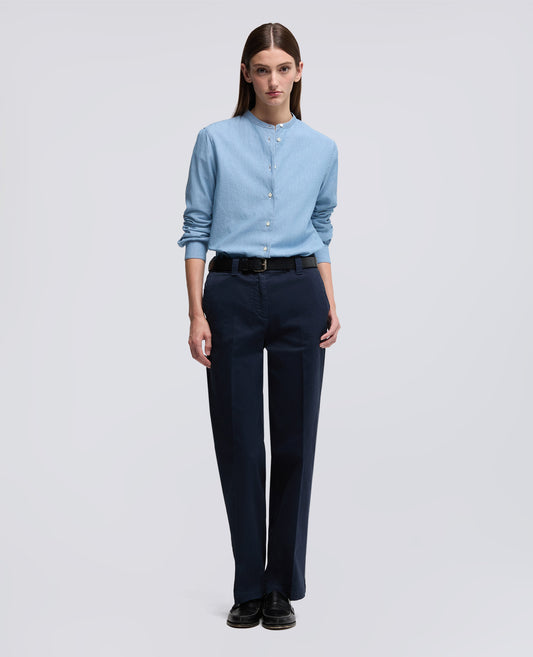 CAMICIA IN CHAMBRAY COTONE GIAPPONESE CON COLLO ALLA COREANA-DENIM CHIARO-LIGHT DENIM-DENIM CLARO-HELLES DENIM-DENIM CLAIR