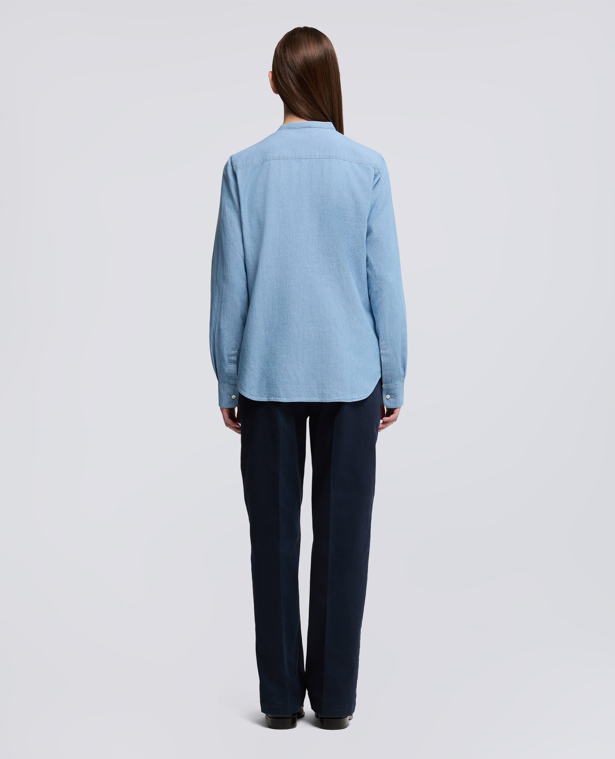CAMICIA IN CHAMBRAY COTONE GIAPPONESE CON COLLO ALLA COREANA-DENIM CHIARO-LIGHT DENIM-DENIM CLARO-HELLES DENIM-DENIM CLAIR