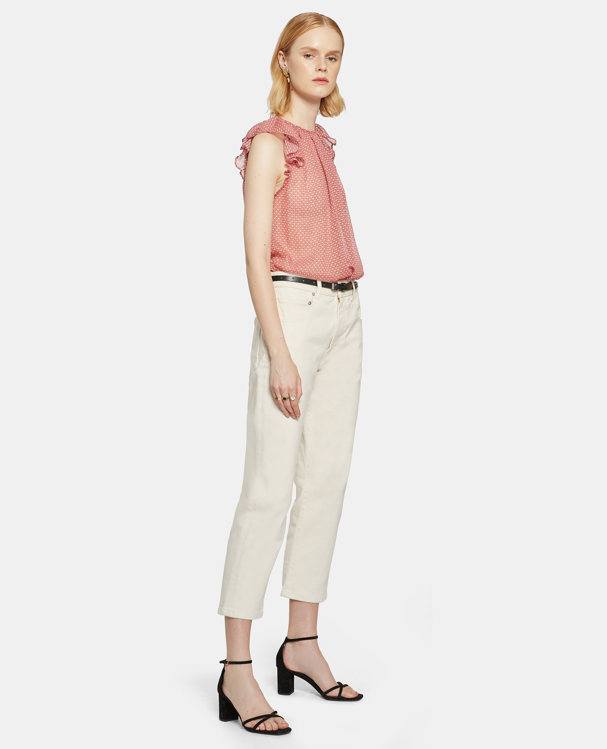 TOP IN CHIFFON SETA STAMPATO-MICROQUADRO ROSA-MICRO-SQUARE PINK-MICROCUADRO ROSA-MIKROKARO ROSA-MICRO CARREAUX ROSE