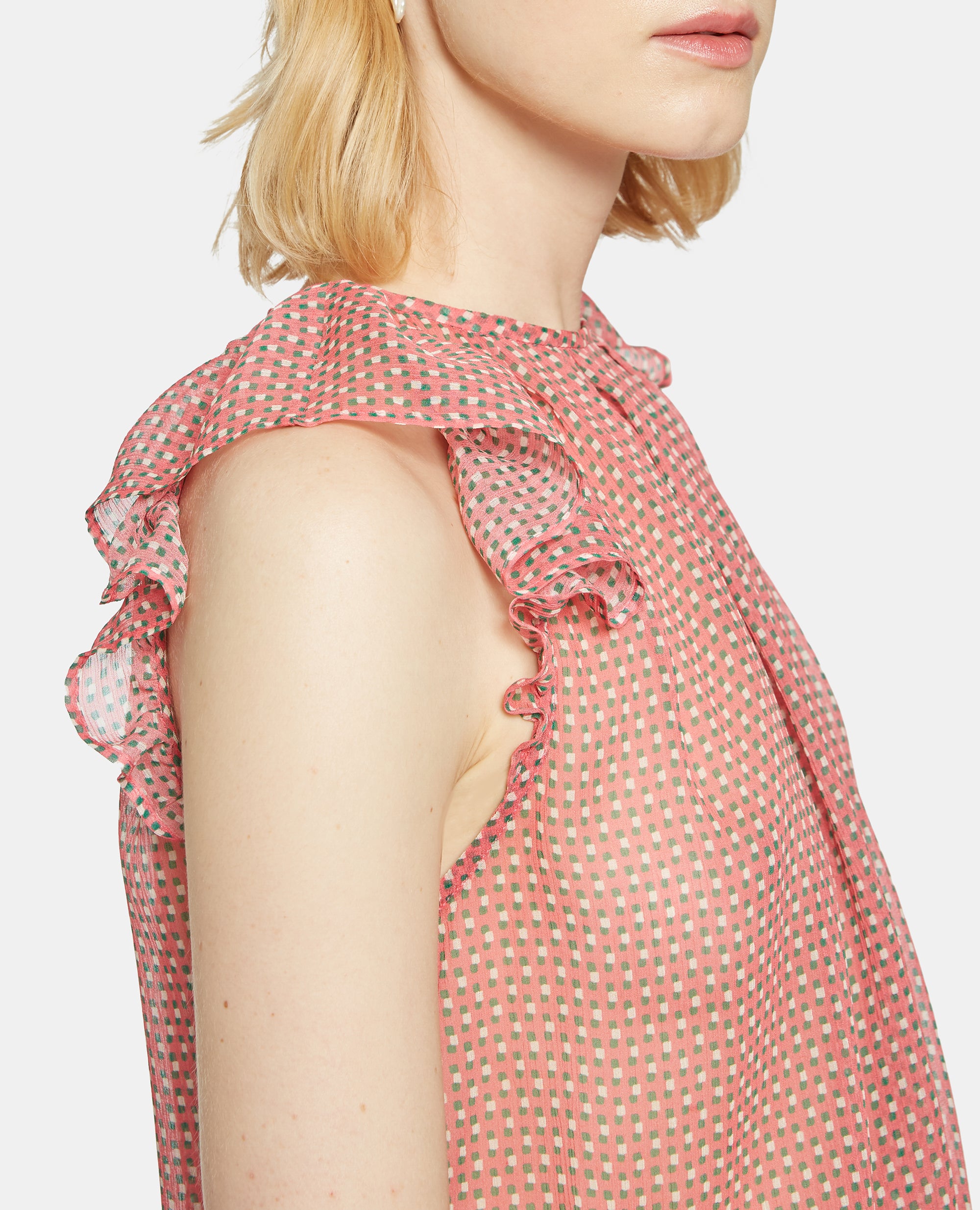 TOP IN CHIFFON SETA STAMPATO-MICROQUADRO ROSA-MICRO-SQUARE PINK-MICROCUADRO ROSA-MIKROKARO ROSA-MICRO CARREAUX ROSE