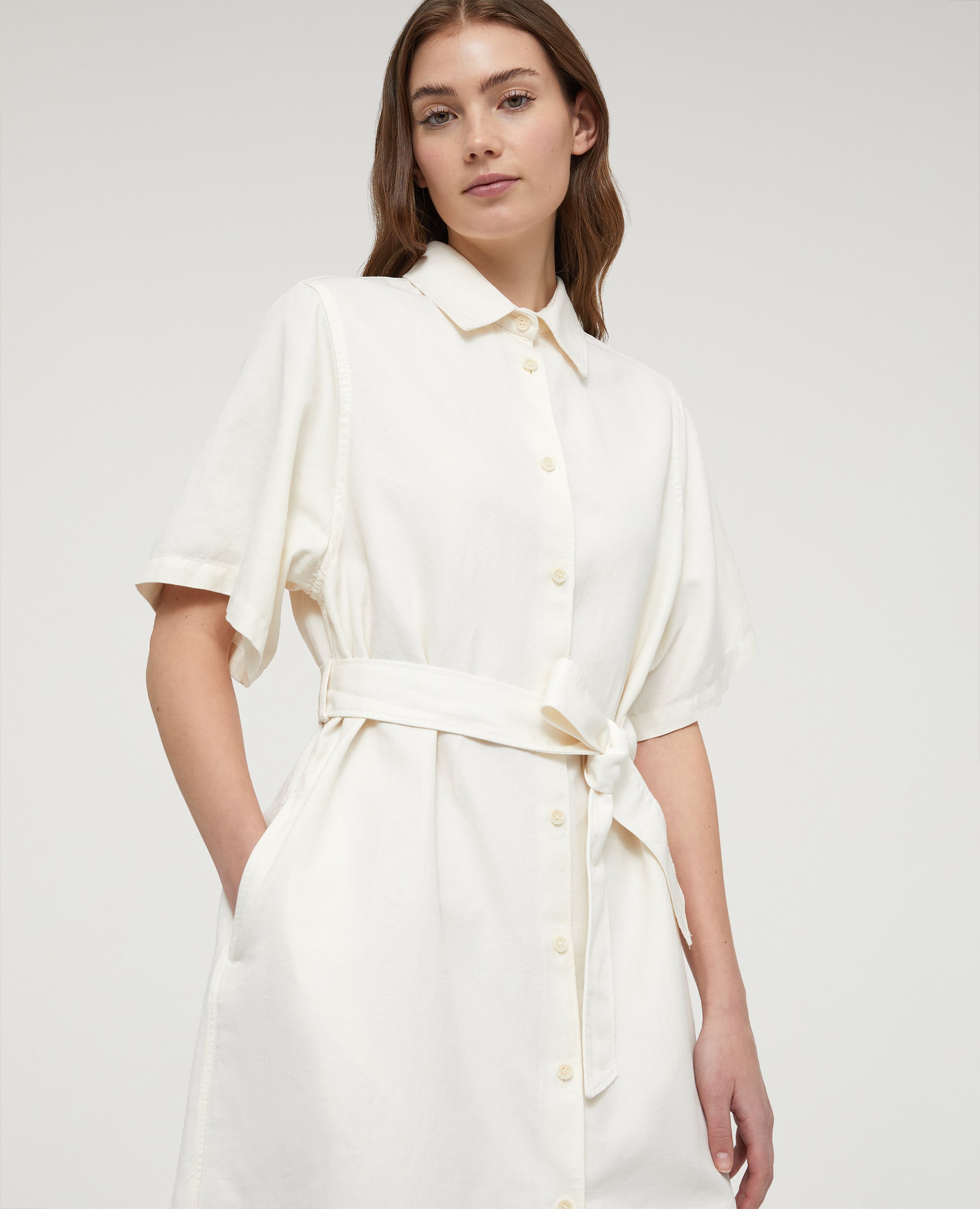 Abito chemisier midi in cotone e lino-DESERTO-DESERTO-DESERTO-DESERTO-DESERTO