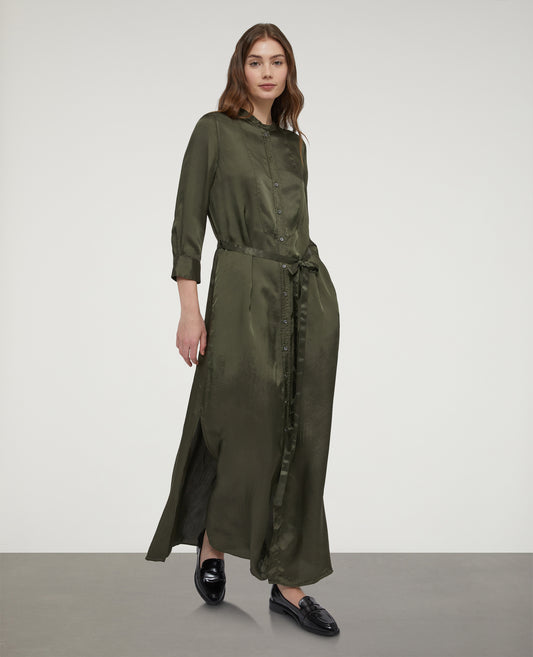 Abito chemisier in viscosa lavata-MILITARE-MILITARY-MILITAR-MILITAR-MILITAIRE