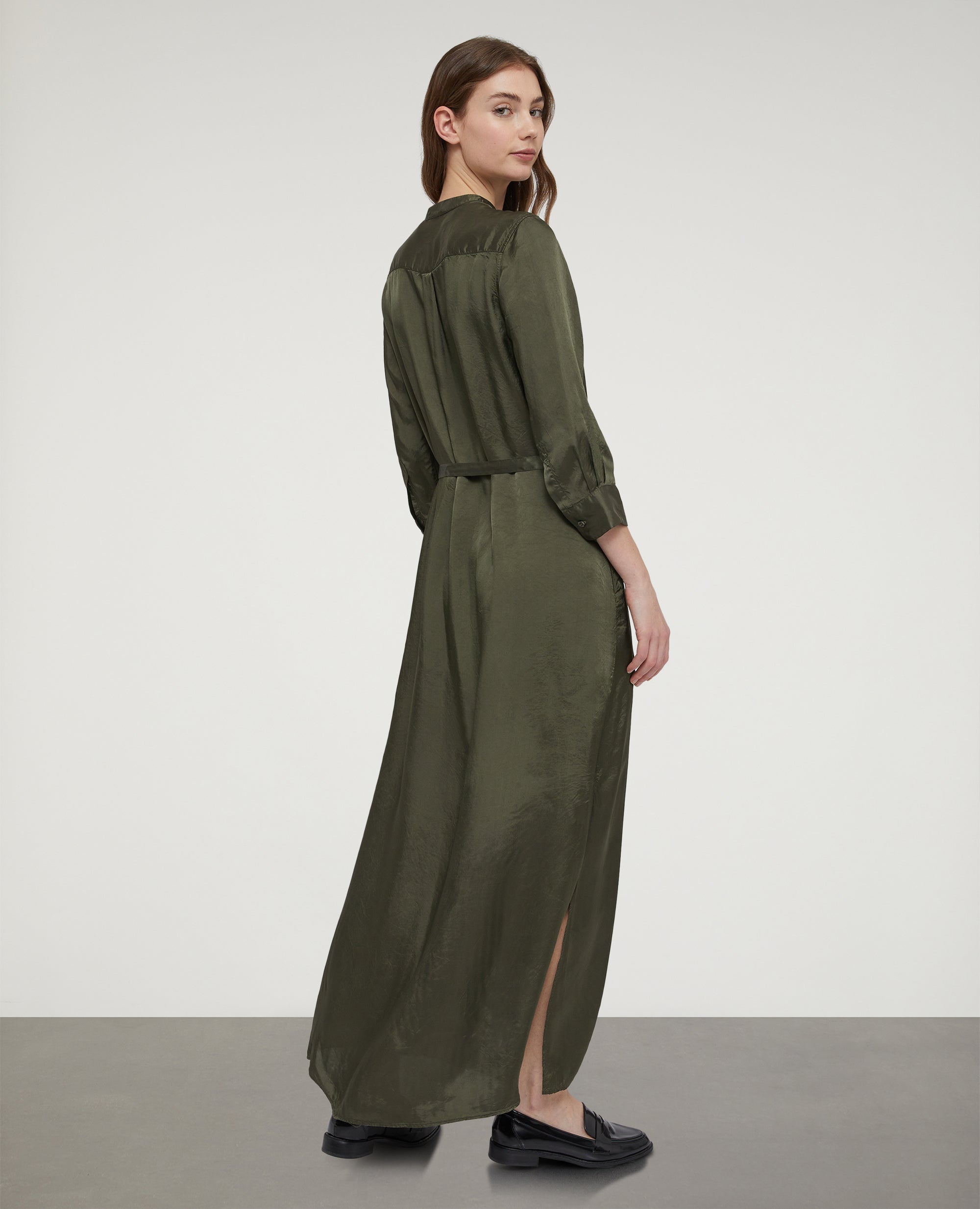 Abito chemisier in viscosa lavata-MILITARE-MILITARY-MILITAR-MILITAR-MILITAIRE